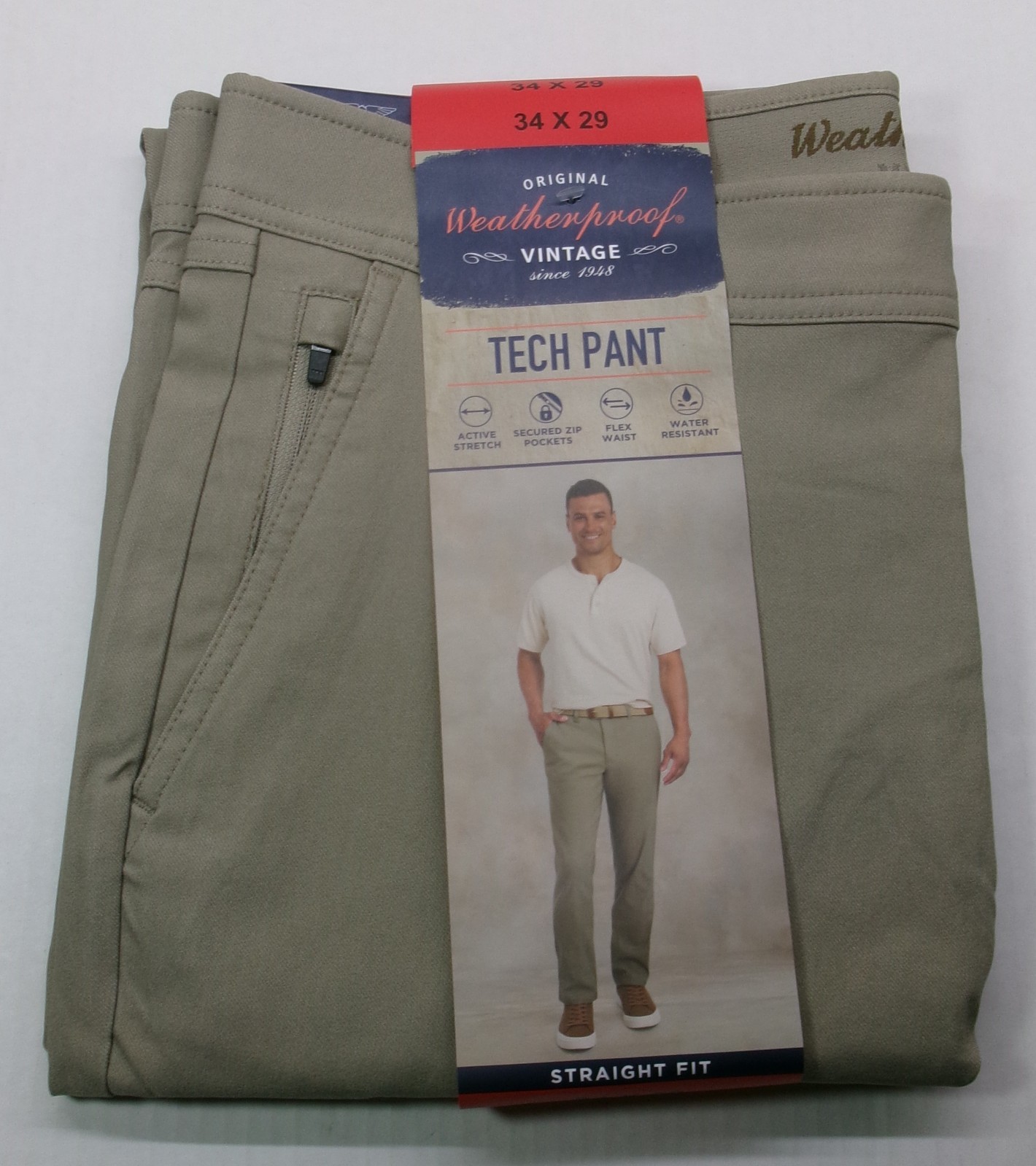 Weatherproof Vintage Tech Pant Straight Fit Active Stretch Zip pockets 34X29 Tan