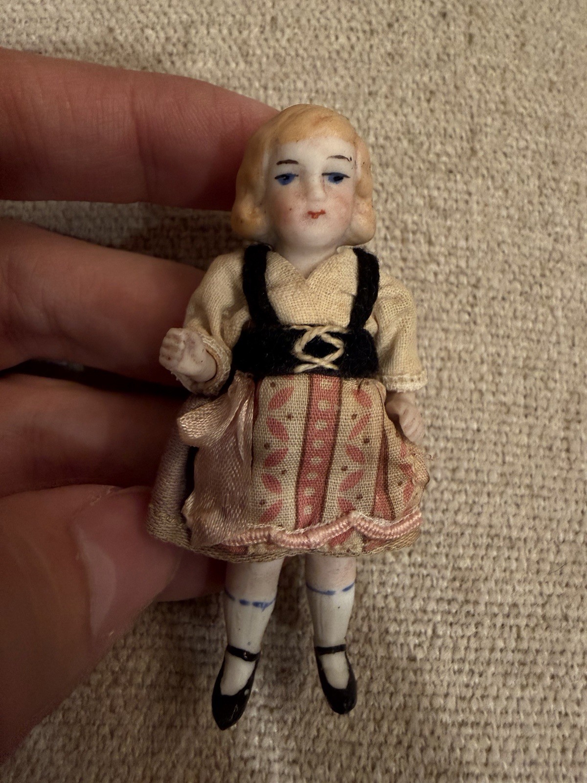 Antique German All Bisque Doll 2.75” Molded Blonde Hair Regional Costume Hertwig