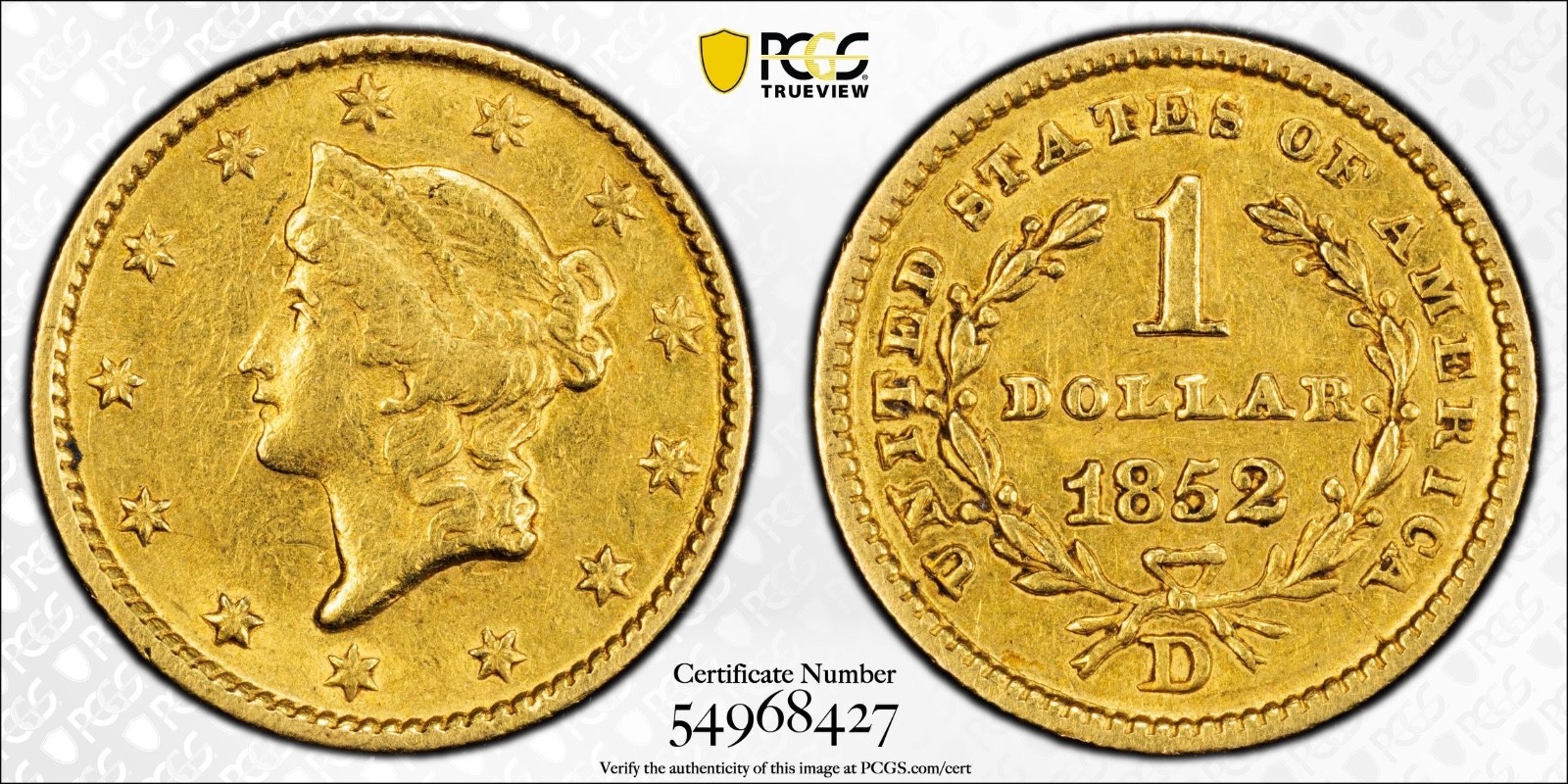 1852-D Gold Dollar $1, PCGS AU50, Dahlonega Rare Early U.S. Gold Coin.