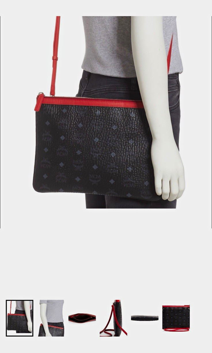 MCM Visetos Monogram Small Zip Crossbody Pouch Black/Red Strap Silver HW