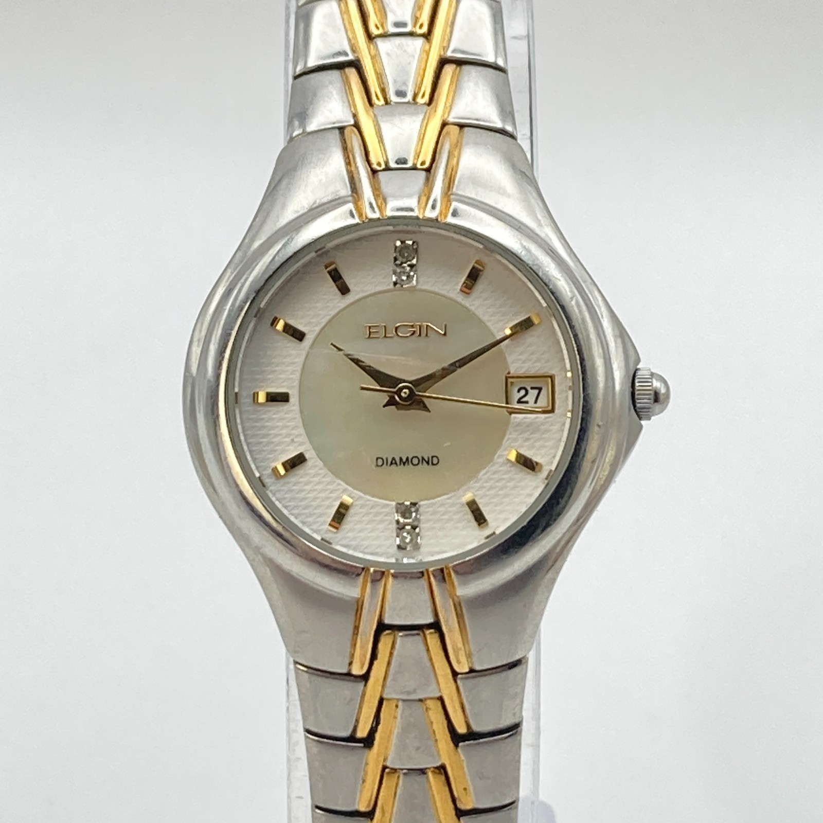 Elgin Women's Diamond Watch 25mm Silver Gold Tone MOP Dial Date New Battery 7