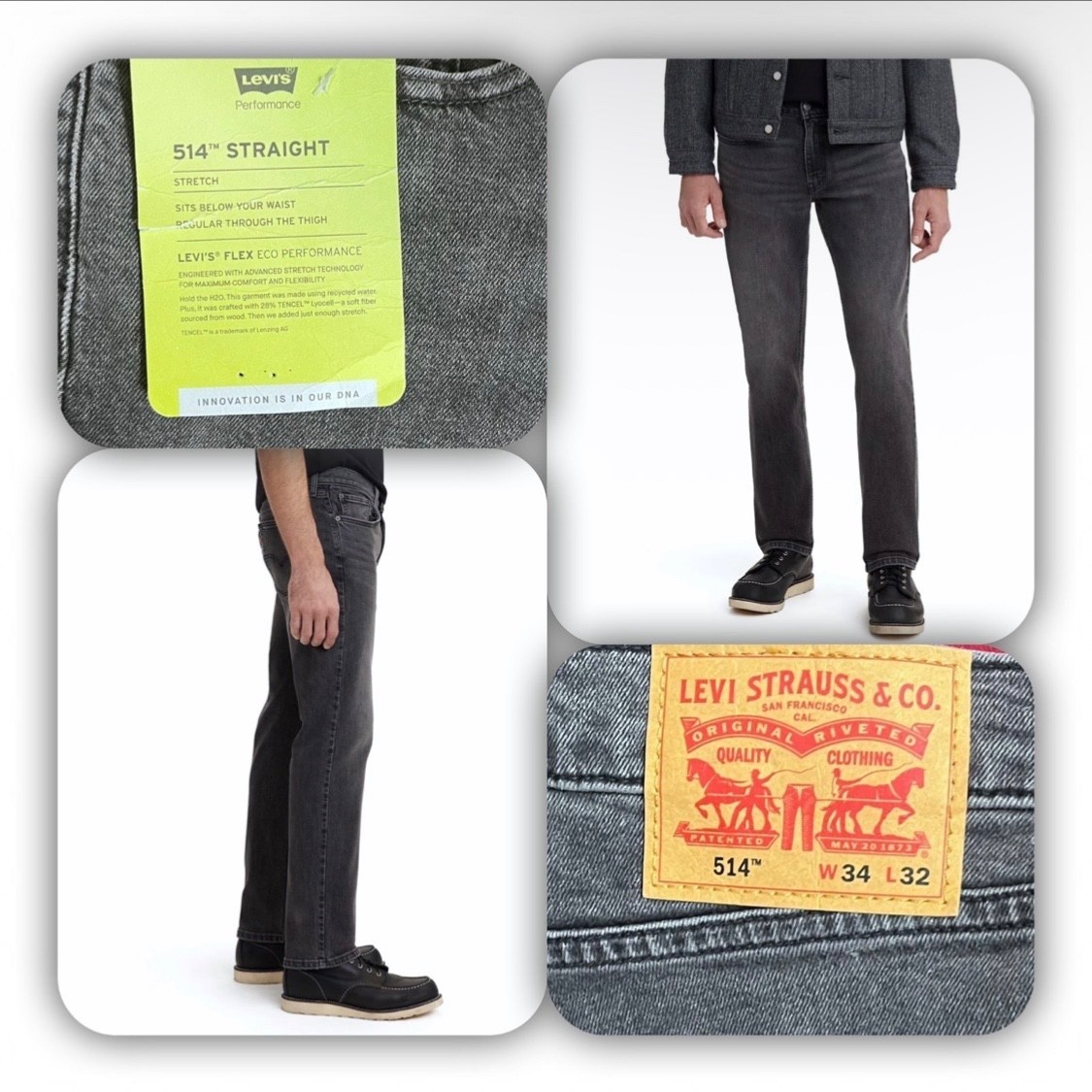 NWT Levi\'s Men\'s 514 Straight Fit Eco Performance Jeans - Charcoal- 34W, 32L NWT Levi\'s Men\'s 514 Straight Fit Eco Performance Jeans - Charcoal- 34W, 32L