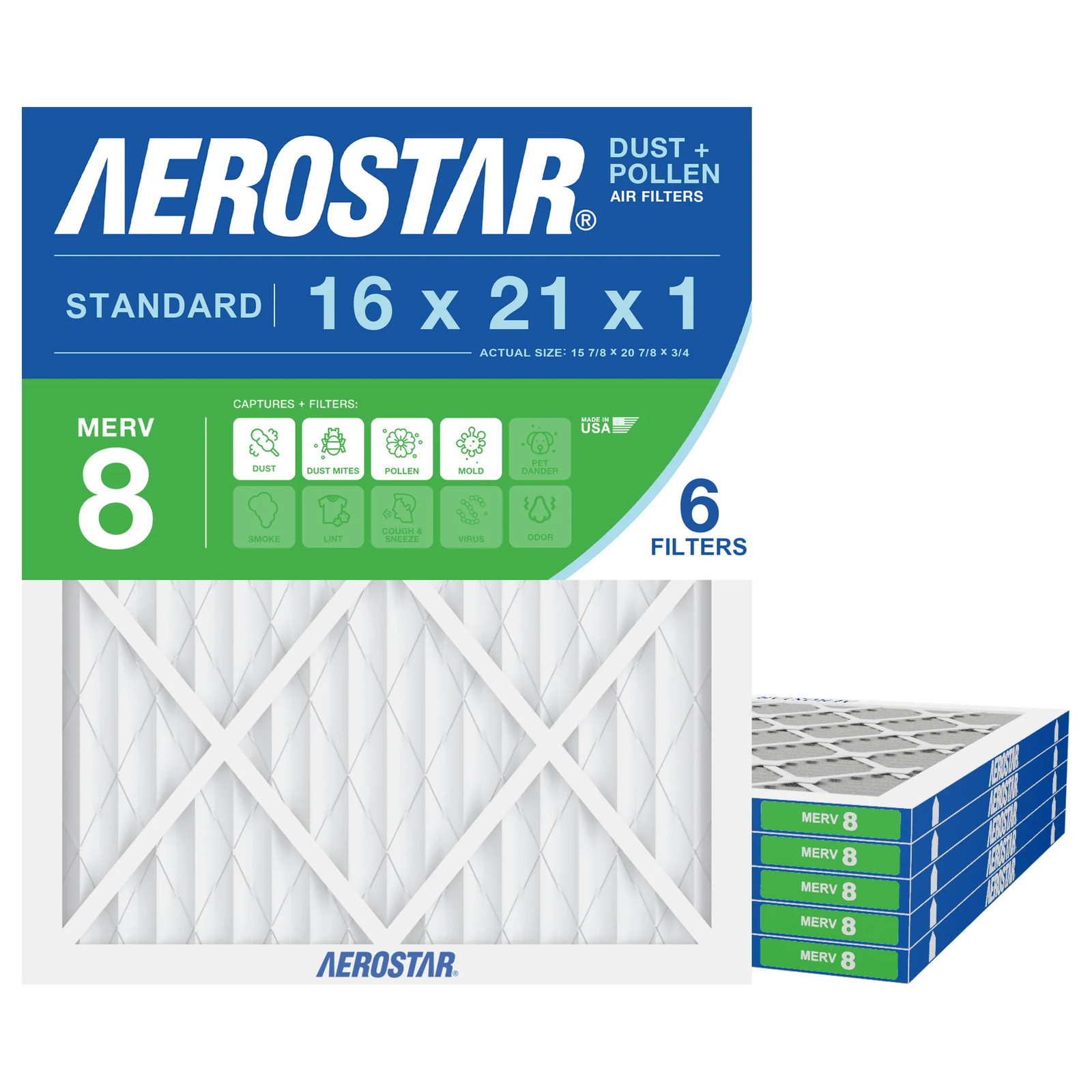 Aerostar 16x21x1 MERV 8 Air Filter, 6 Pack (15 7/8\