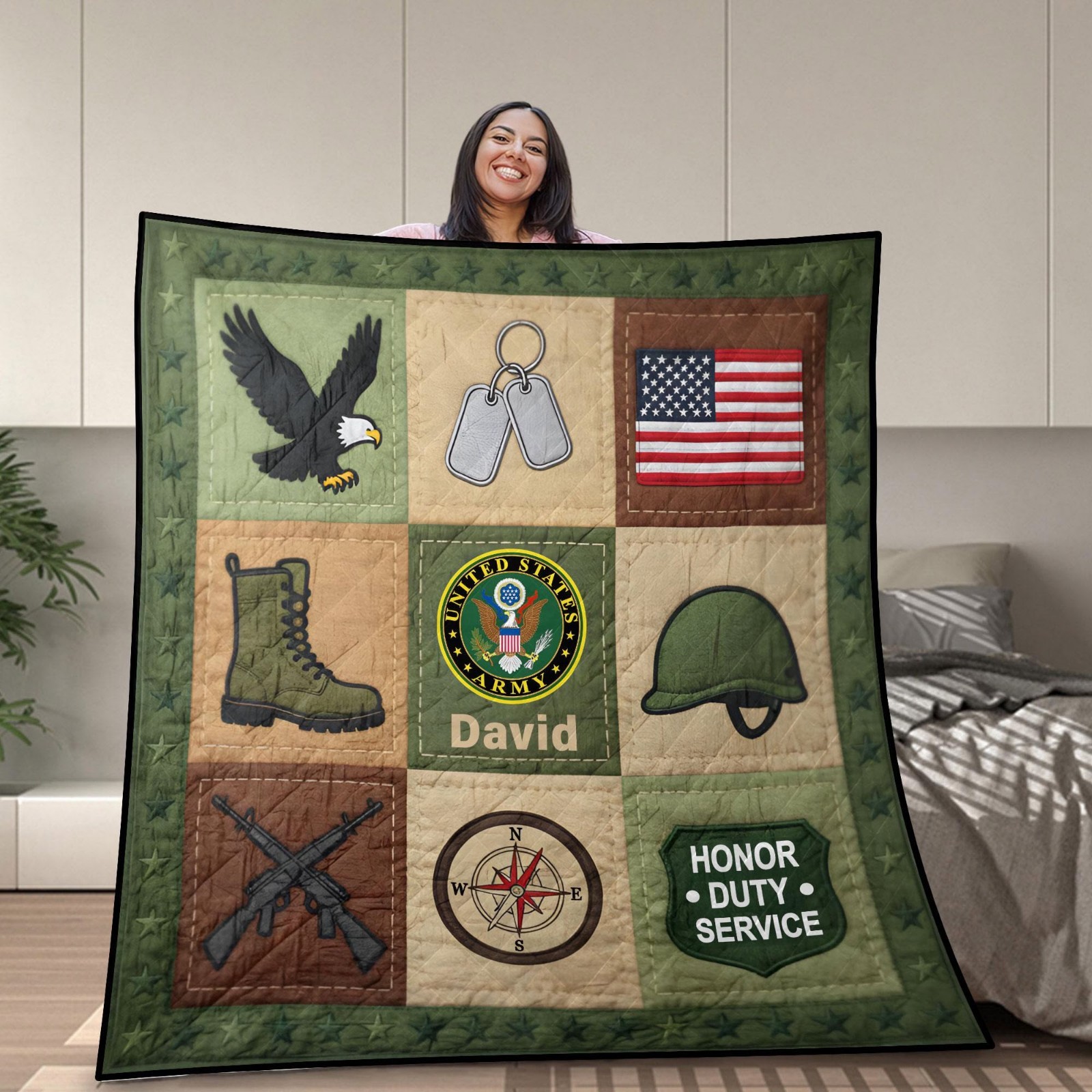 Personalized Military Veteran Quilt Blanket Custom Name US Army Throw Gift