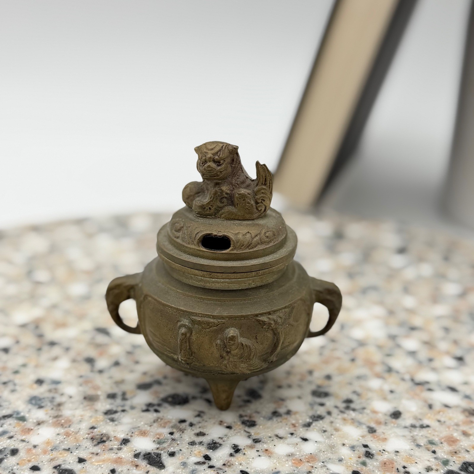 Vintage Antique Brass Chinese Foo Dog Censer Incense Burner Tripod Pot With Lid