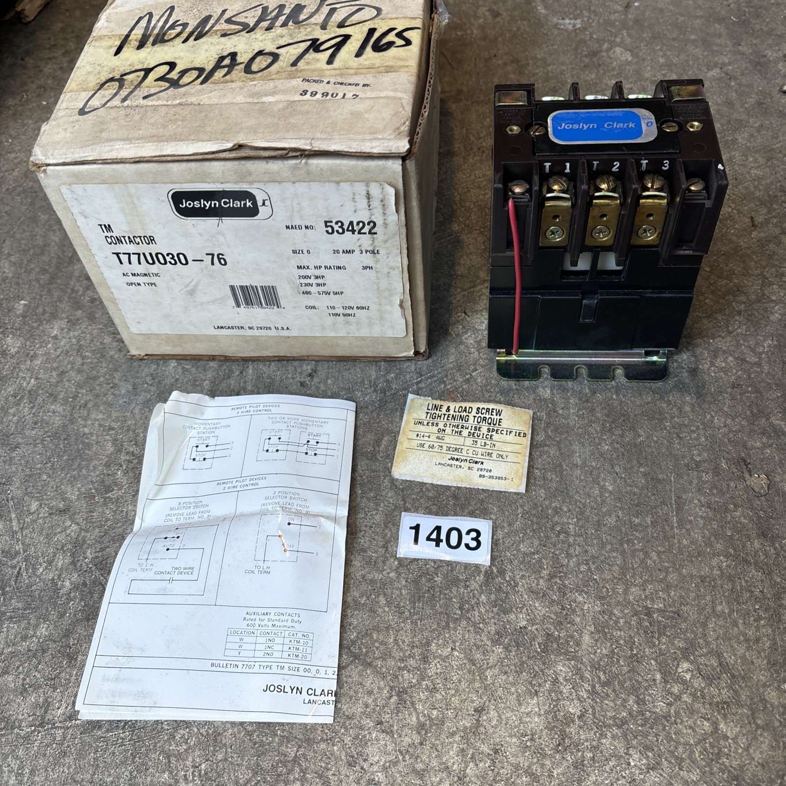 NEW JOSLYN CLARK T77U030-76 CONTACTOR SIZE 0 20A 3 POLE T77U03076 NEW JOSLYN CLARK T77U030-76 CONTACTOR SIZE 0 20A 3 POLE T77U03076