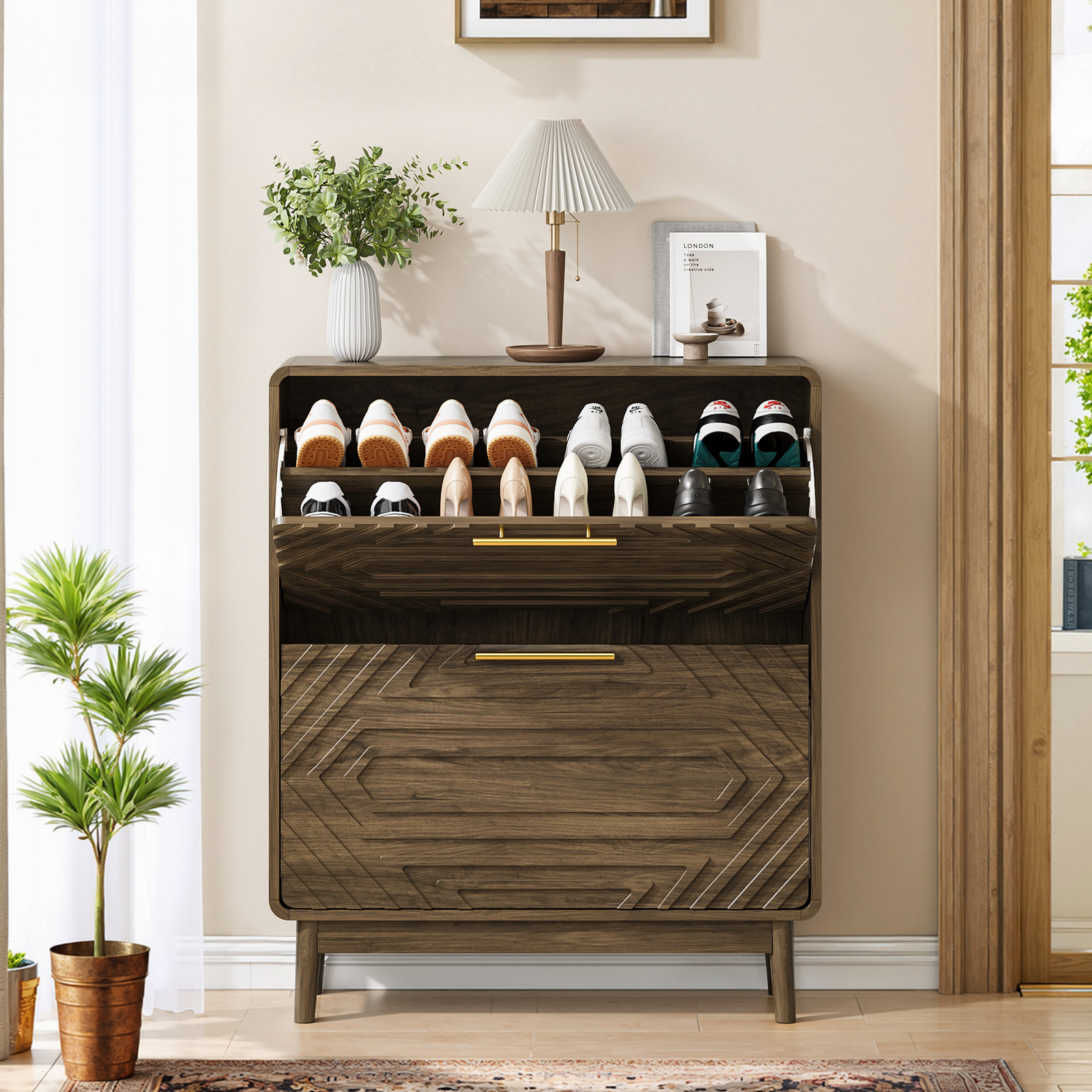31.5 Walnut Shoe Cabinet, Mid-Century Modern Freestanding Shoe Cabinet,