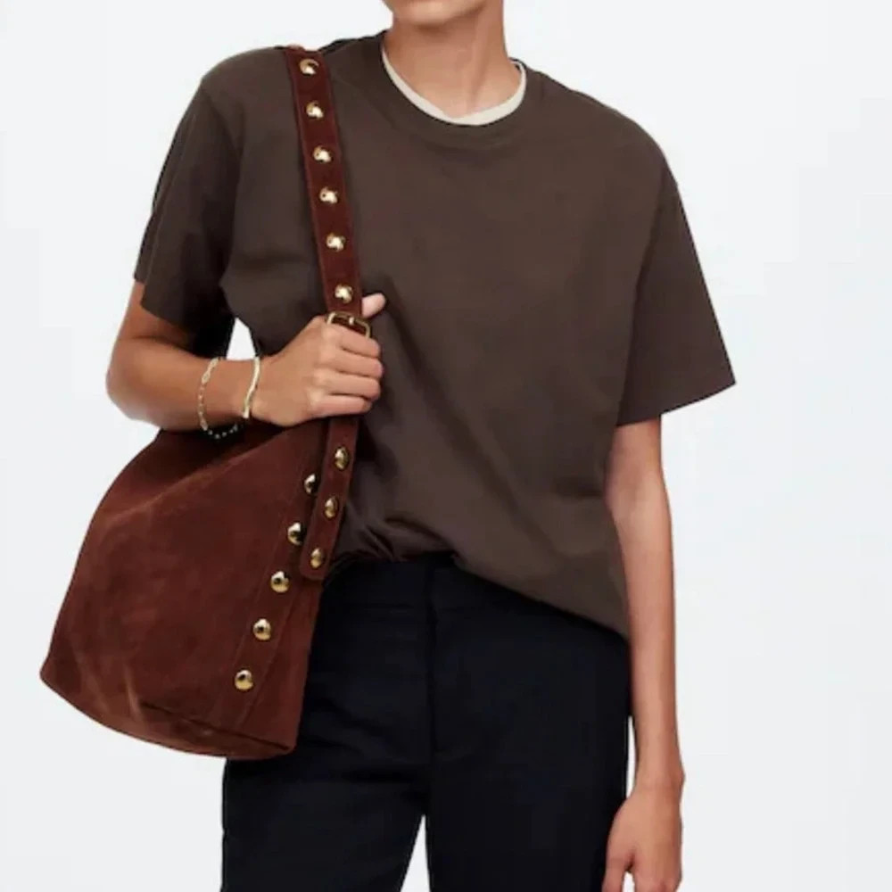 NWT Madewell The Essential Bucket Tote, Soft Mahogany Brown Suede, Gold Studded NWT Madewell The Essential Bucket Tote, Soft Mahogany Brown Suede, Gold Studded