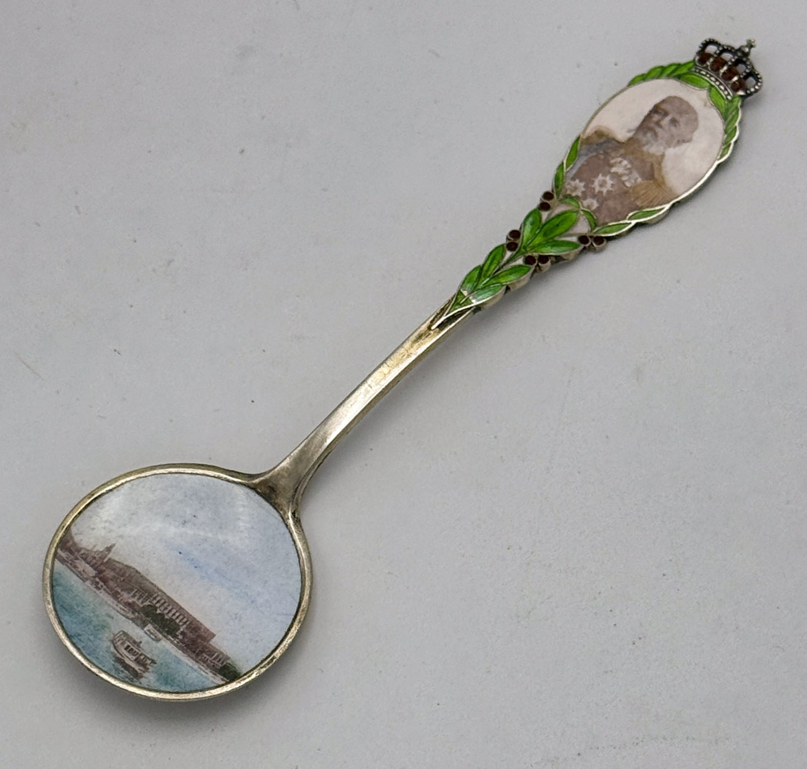 Antique King Oscar II Swedish Silver Enamel Souvenir Spoon
