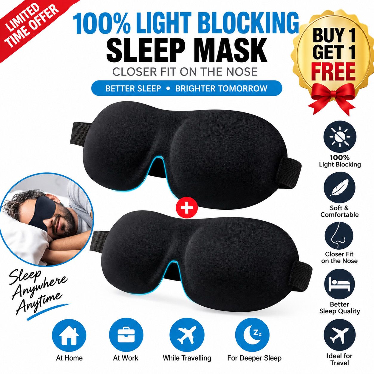 3D Sleep Mask Eye Mask Blackout Blindfold Soft Padded Travel Sleeping Aid 2 Pack