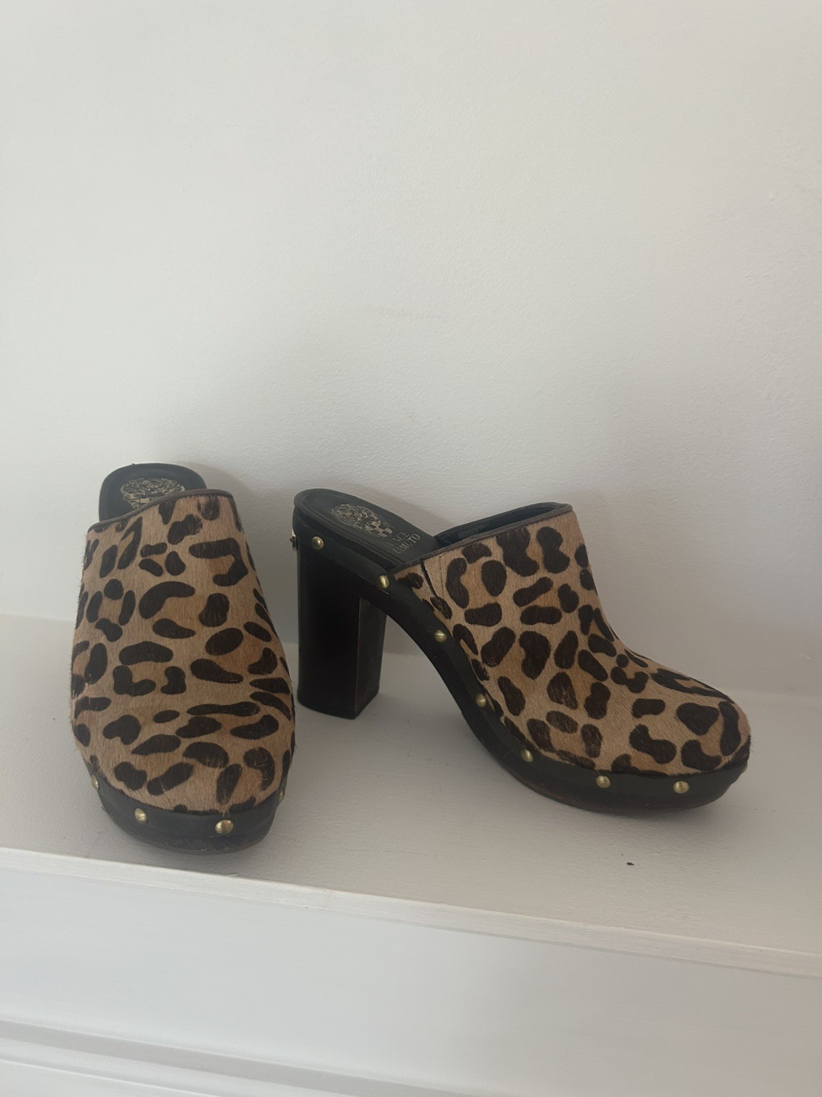 Women\'s Vince Camuto Porsha Leopard Print Calf Hair High Heel Clogs Size 9.5 Women\'s Vince Camuto Porsha Leopard Print Calf Hair High Heel Clogs Size 9.5