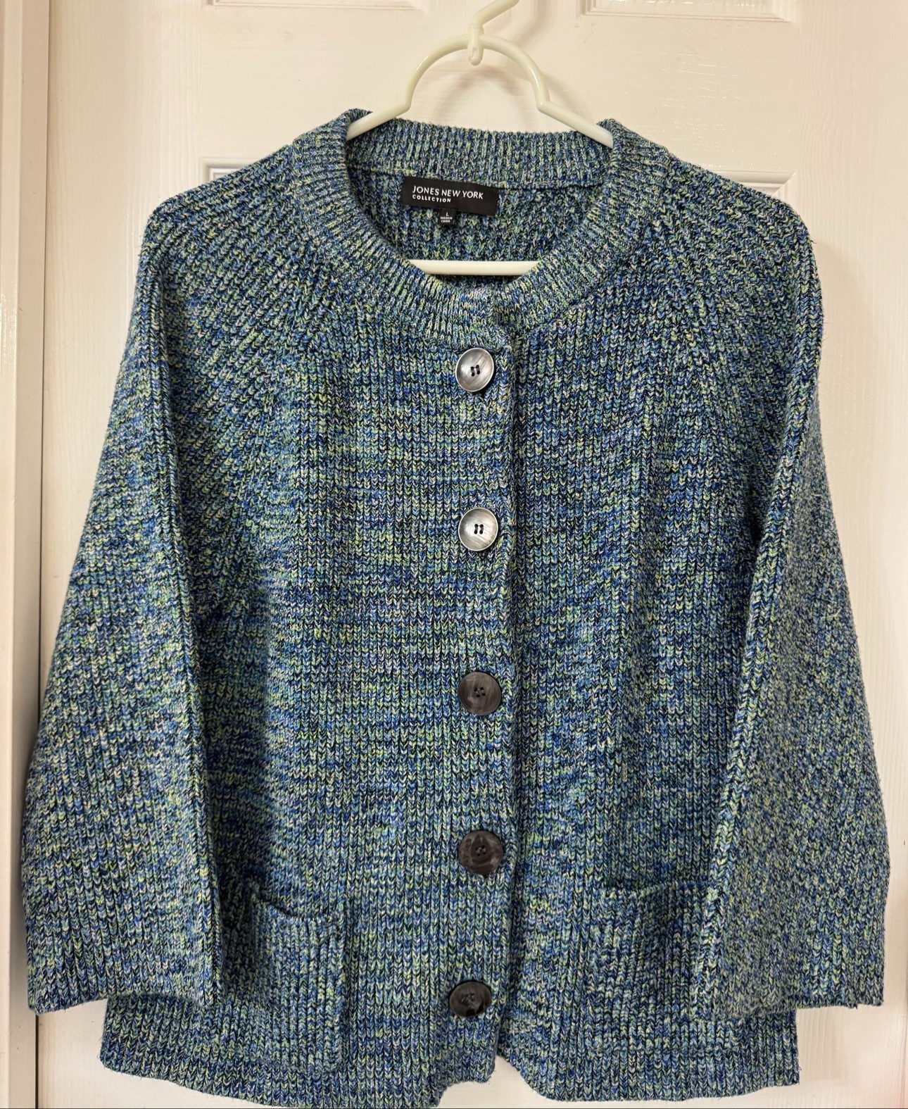 Jones New York Collection Blue Green Marled Knit Button Front Cardigan L NWOT