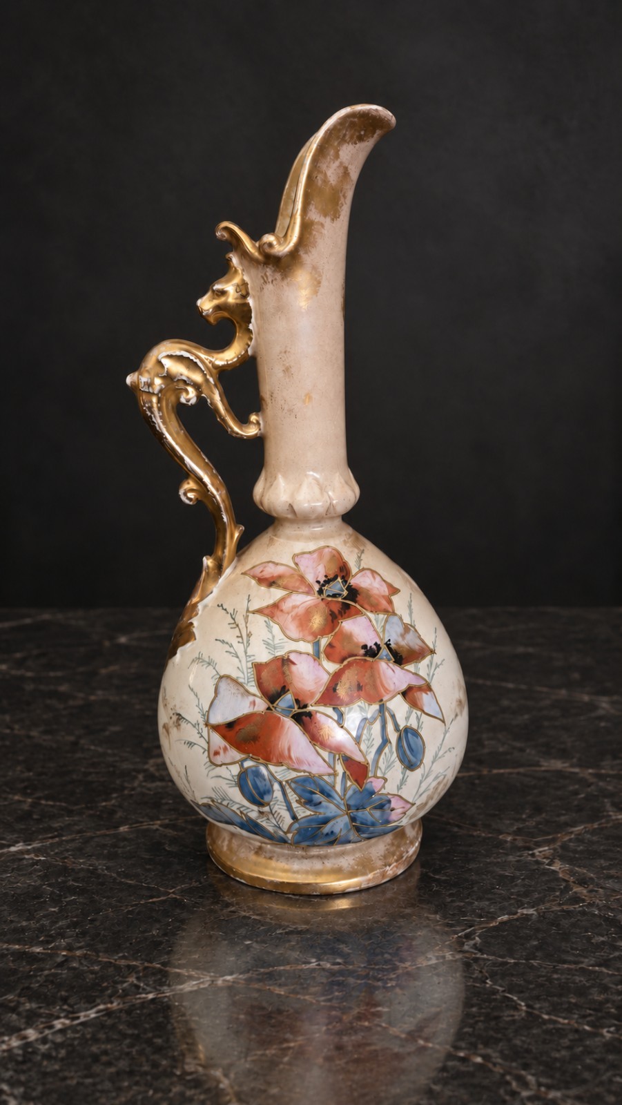 Antique Royal Bonn F.A. Mehlem Floral Ewer Gilt Dragon Handle 12\ Antique Royal Bonn F.A. Mehlem Floral Ewer Gilt Dragon Handle 12\