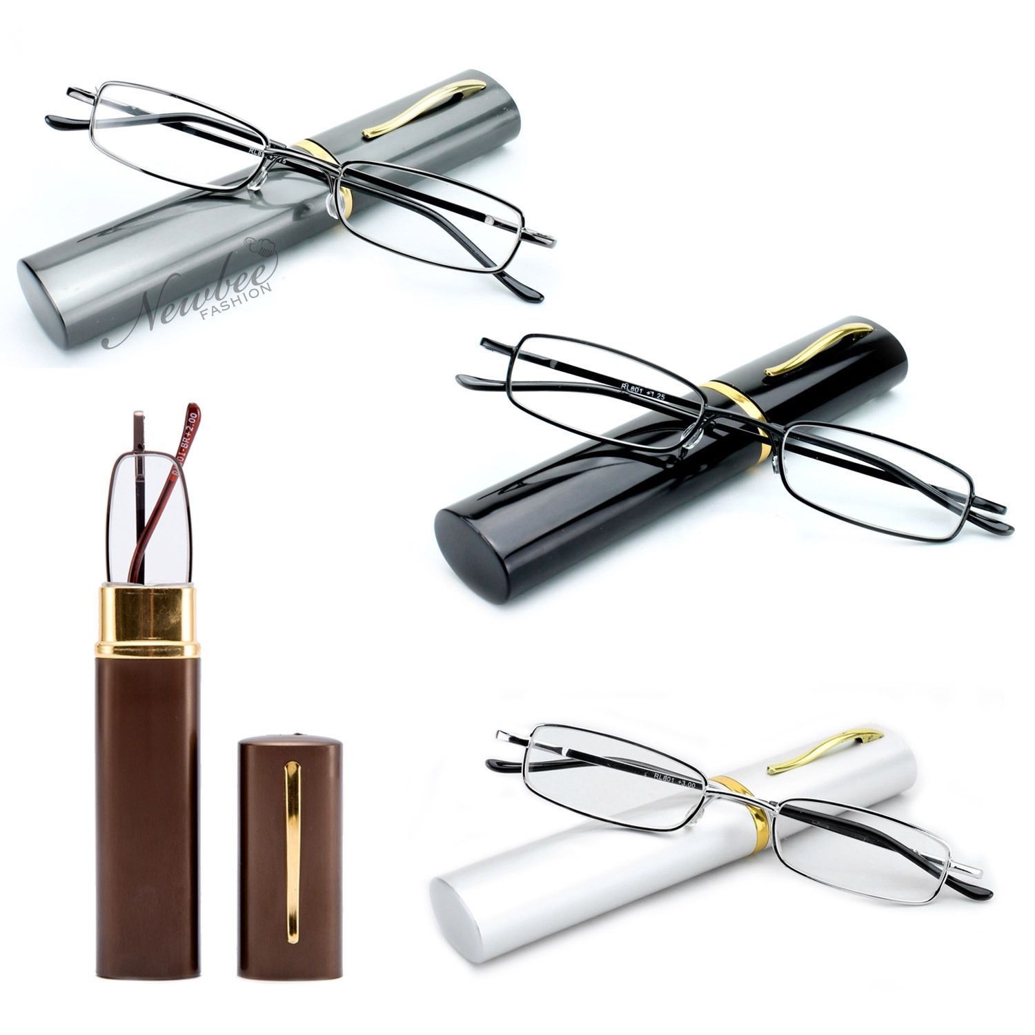 4 Pack Slim Reading Glasses in Compact Aluminum Hard Case Tube Reading Glasses