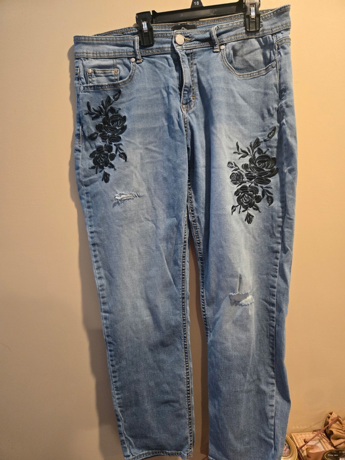 Jordache vintage Light Blue Denim Jeans with Black Floral Embroidery