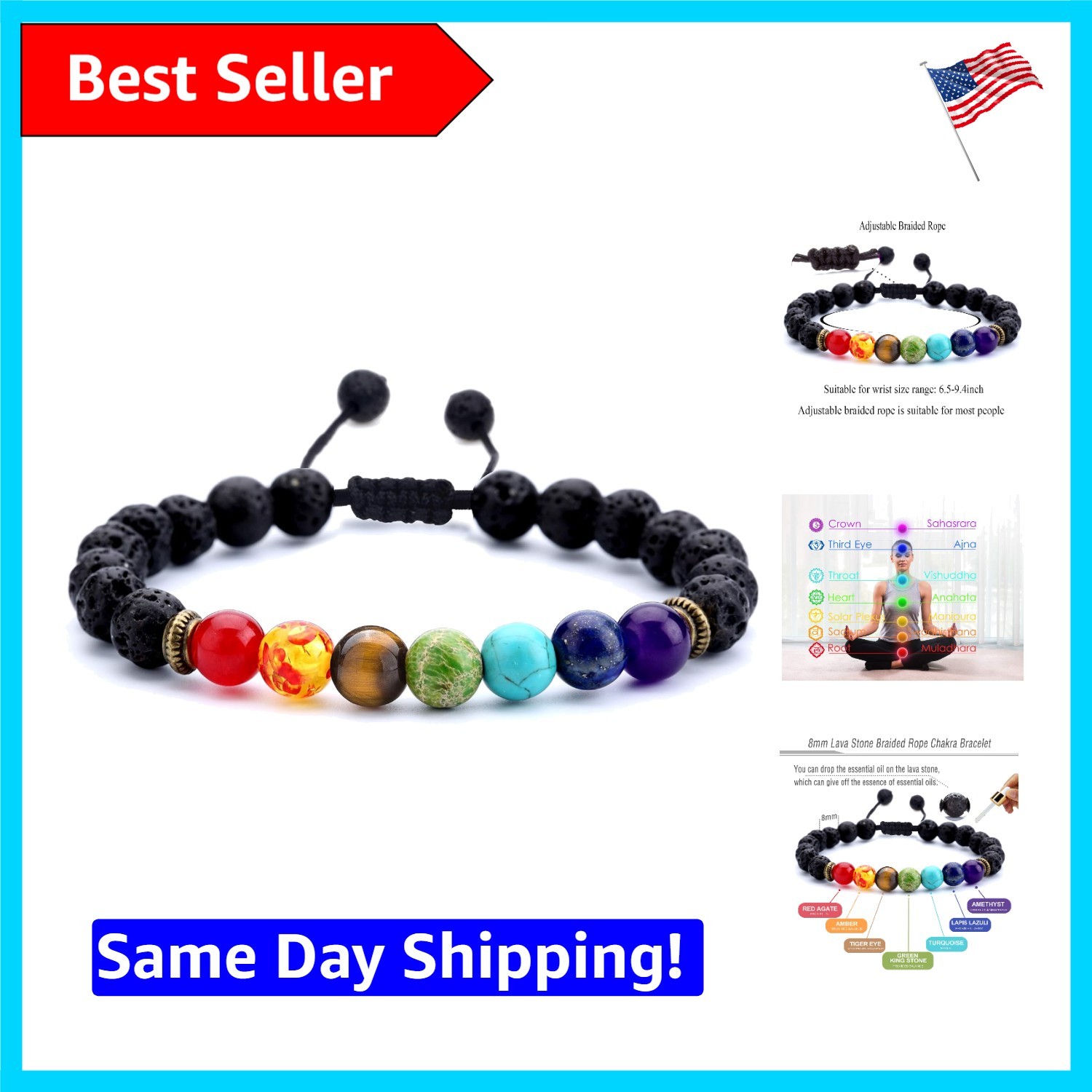 Elegant 8mm Lava Rock Chakra Bracelet - Adjustable Braided Design for Meditation
