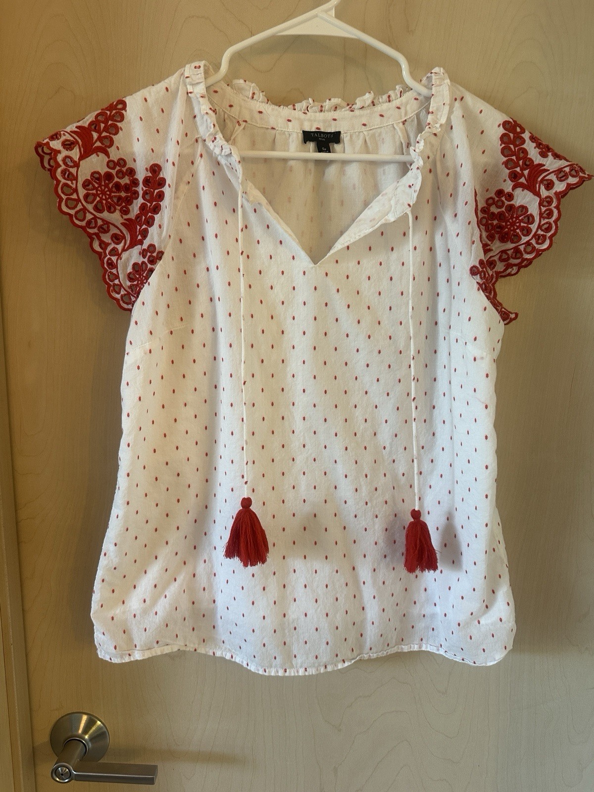 Talbots Small White Red Embroidered Boho Top Lined Short Sleeve Cotton Talbots Small White Red Embroidered Boho Top Lined Short Sleeve Cotton