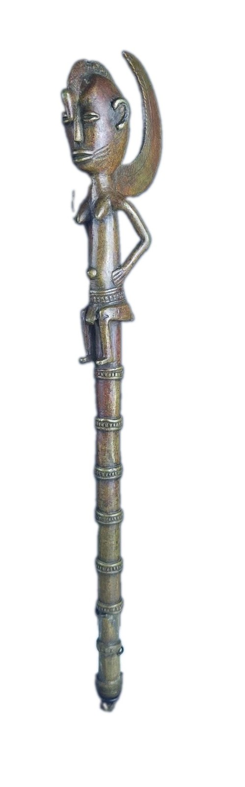 Authentic Antique African Brass Prestige Staff Seated Woman Shrine Scepter
