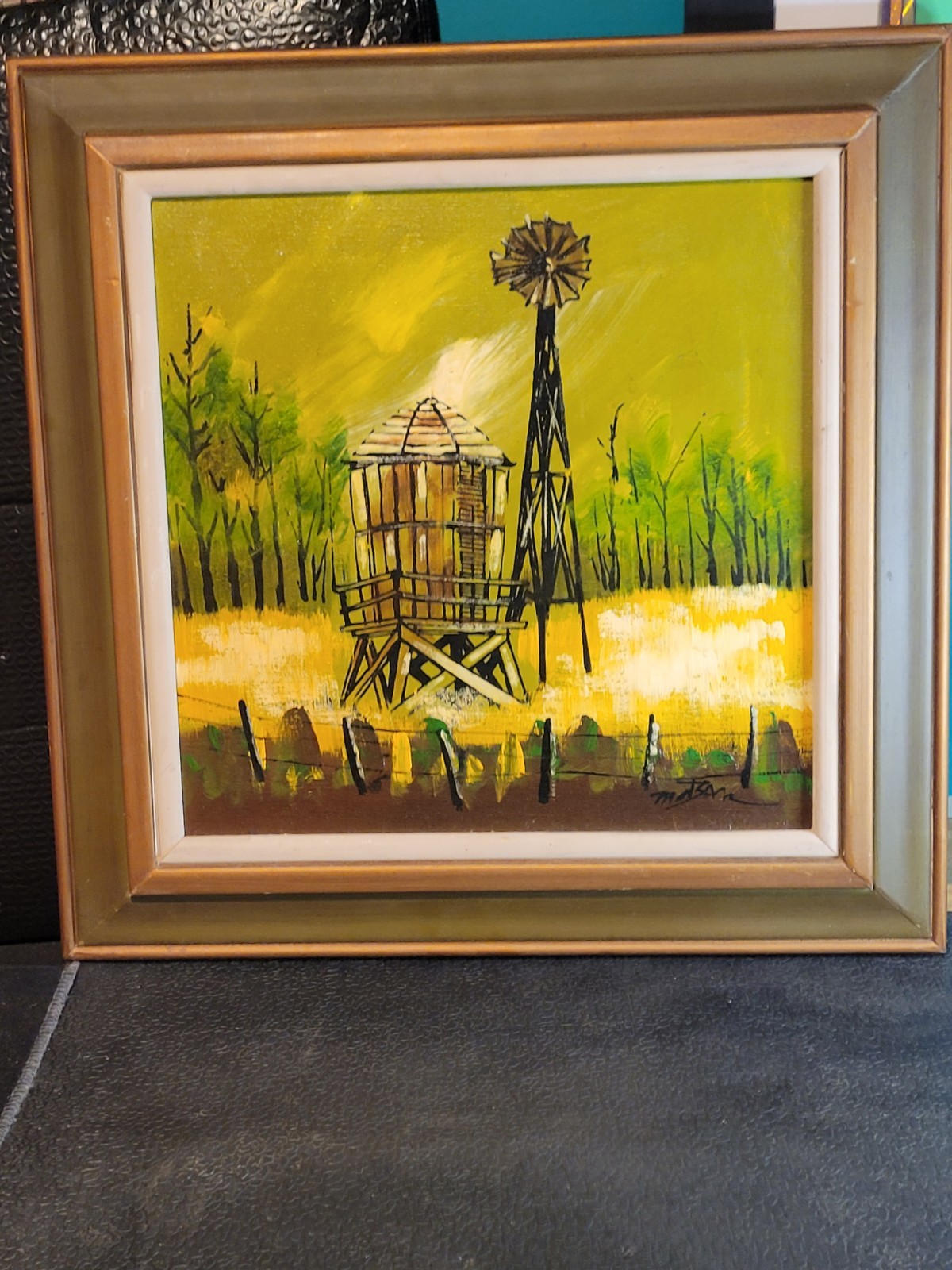 Vintage Matson Windmill Lime Green & Yellow Oil/Canvas Framed Painting Vintage Matson Windmill Lime Green & Yellow Oil/Canvas Framed Painting