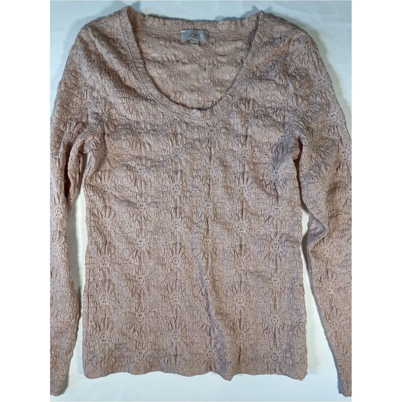 LOFT Women Pink Lace Texture Long Sleeve Scoop Neck Top Large