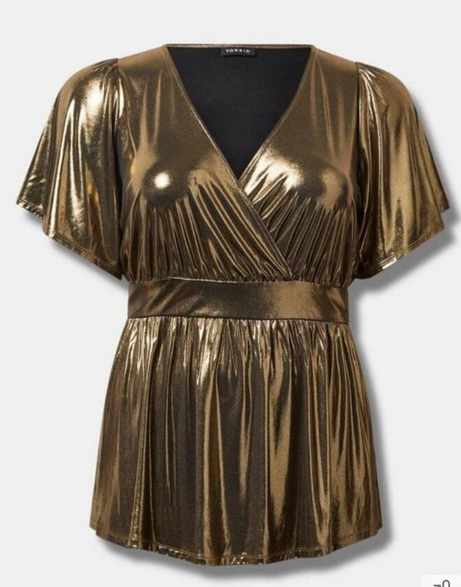 Torrid Women\'s Plus 2X Gold Shimmer Blouse Short Sleeve Peplum Metallic NWT Torrid Women\'s Plus 2X Gold Shimmer Blouse Short Sleeve Peplum Metallic NWT
