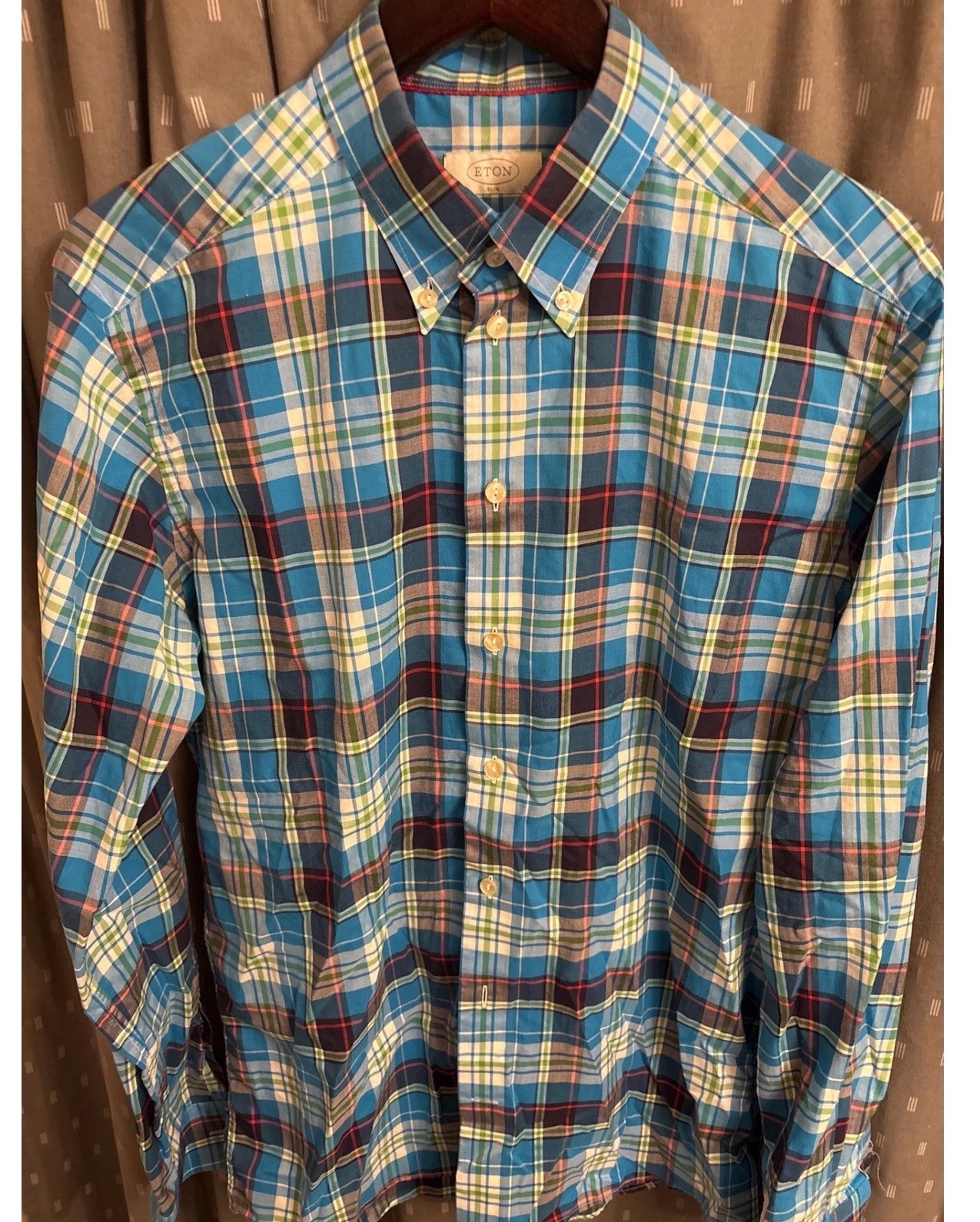 Eton Slim Fit Plaid Button Down Shirt Mens 16.5 42 Blue Multi Check 6183 53511