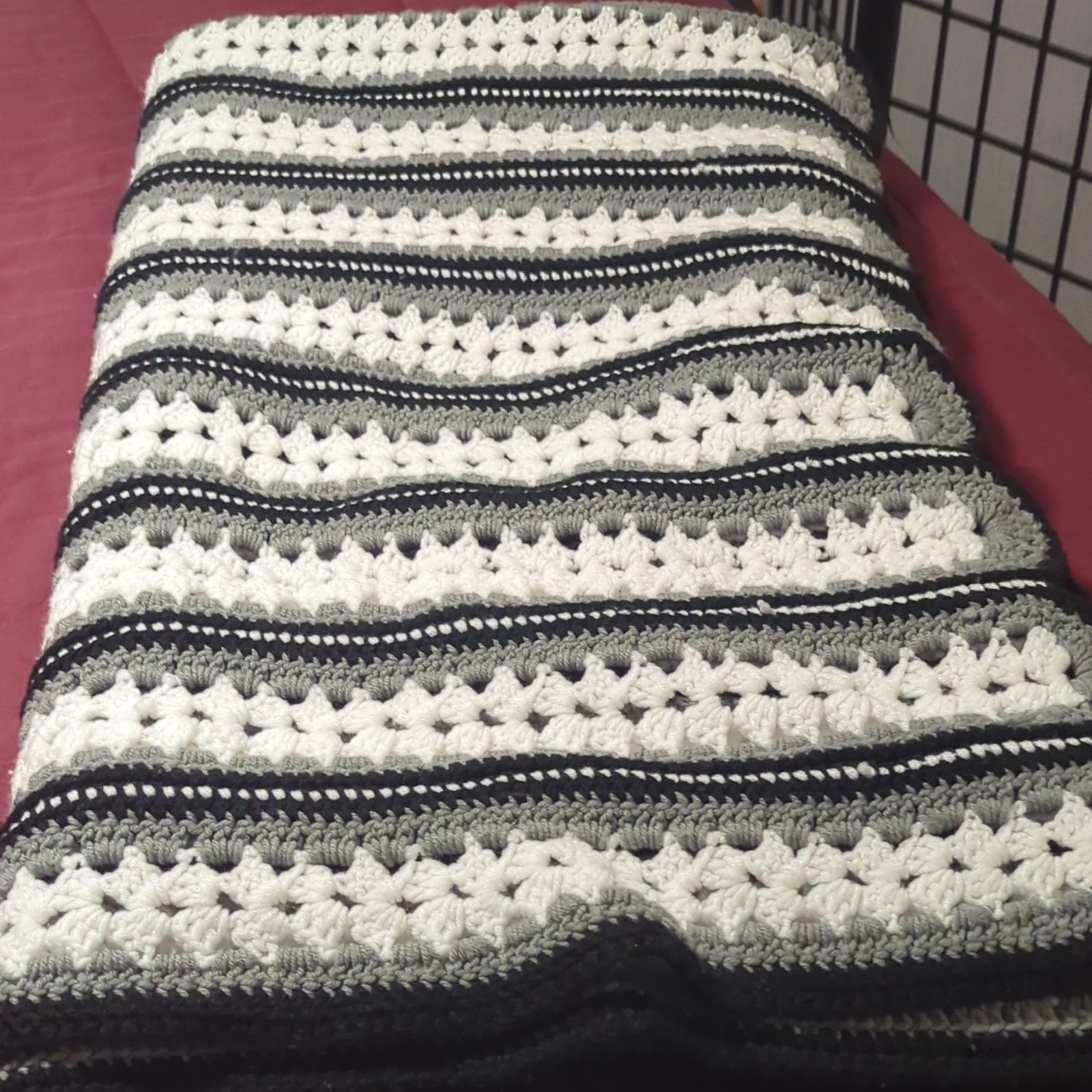 Handmade Crocheted Striped Blanket Throw Black Gray White 74 x 80 Rectangular Handmade Crocheted Striped Blanket Throw Black Gray White 74 x 80 Rectangular