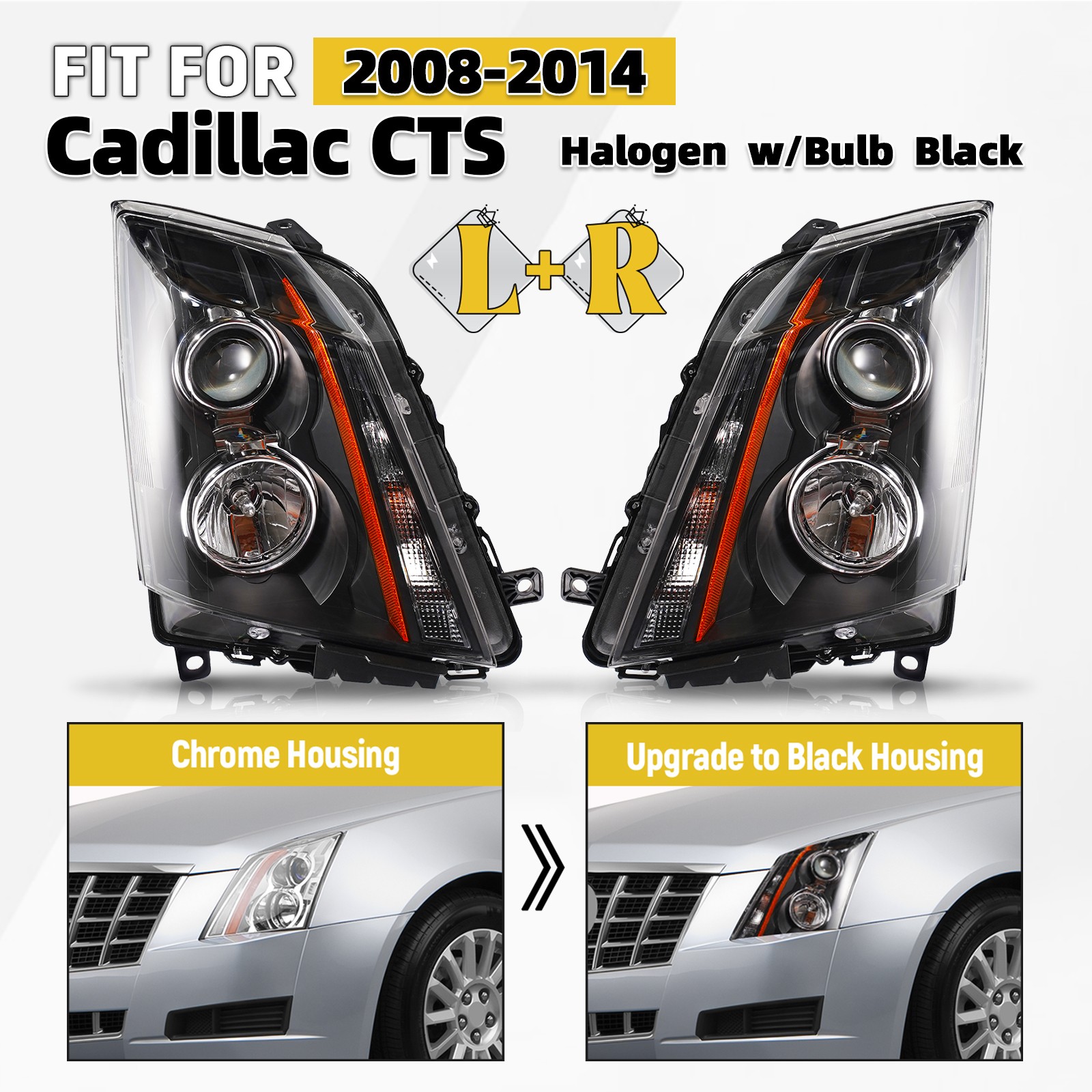 For 2008-2014 Cadillac CTS Halogen Upgrade Headlights Black Conversion Pair For 2008-2014 Cadillac CTS Halogen Upgrade Headlights Black Conversion Pair