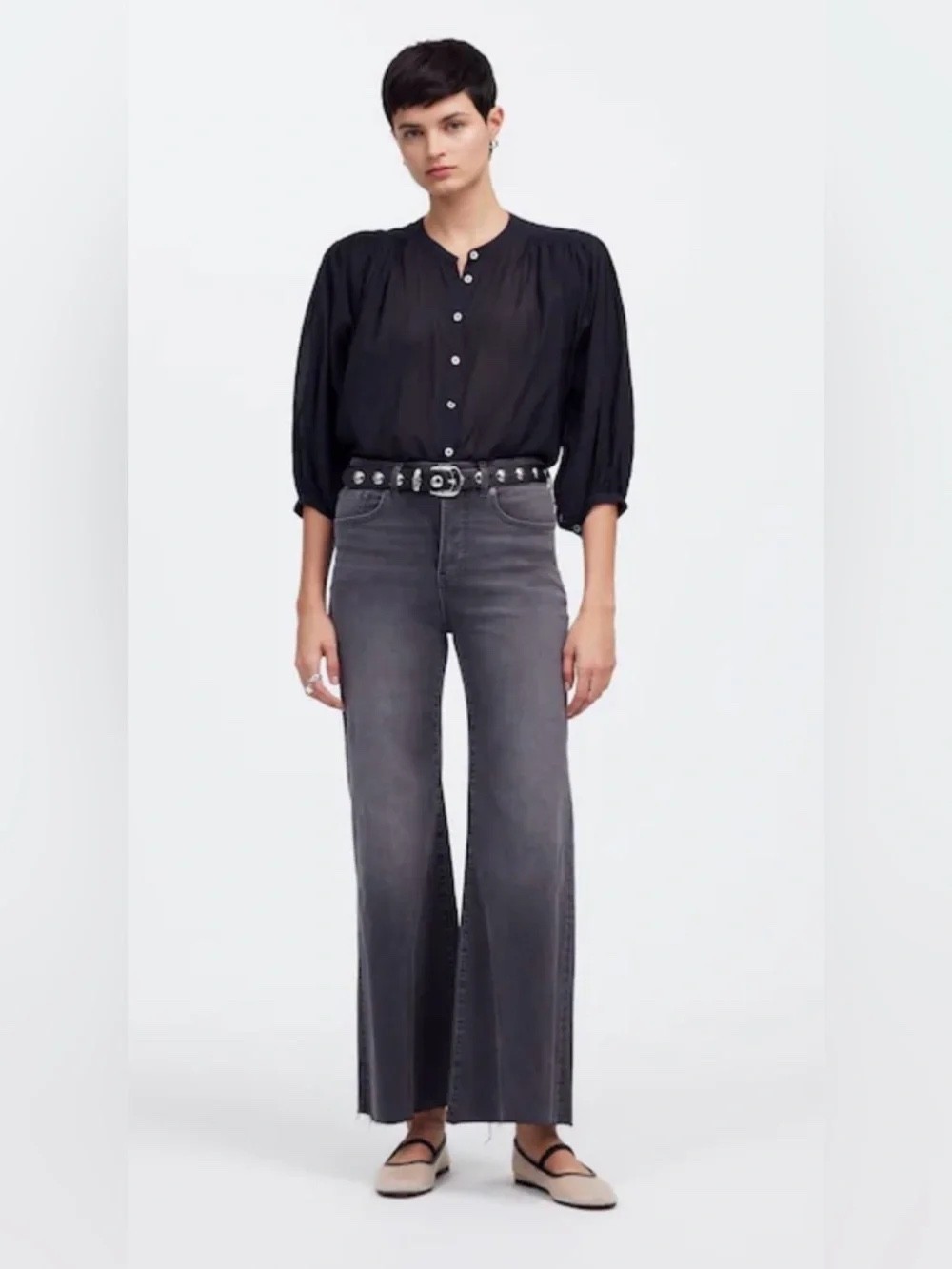 Madewell Black Flared Wide-Leg High-Rise Distressed Fray Hem Jeans, Sz-29 Madewell Black Flared Wide-Leg High-Rise Distressed Fray Hem Jeans, Sz-29