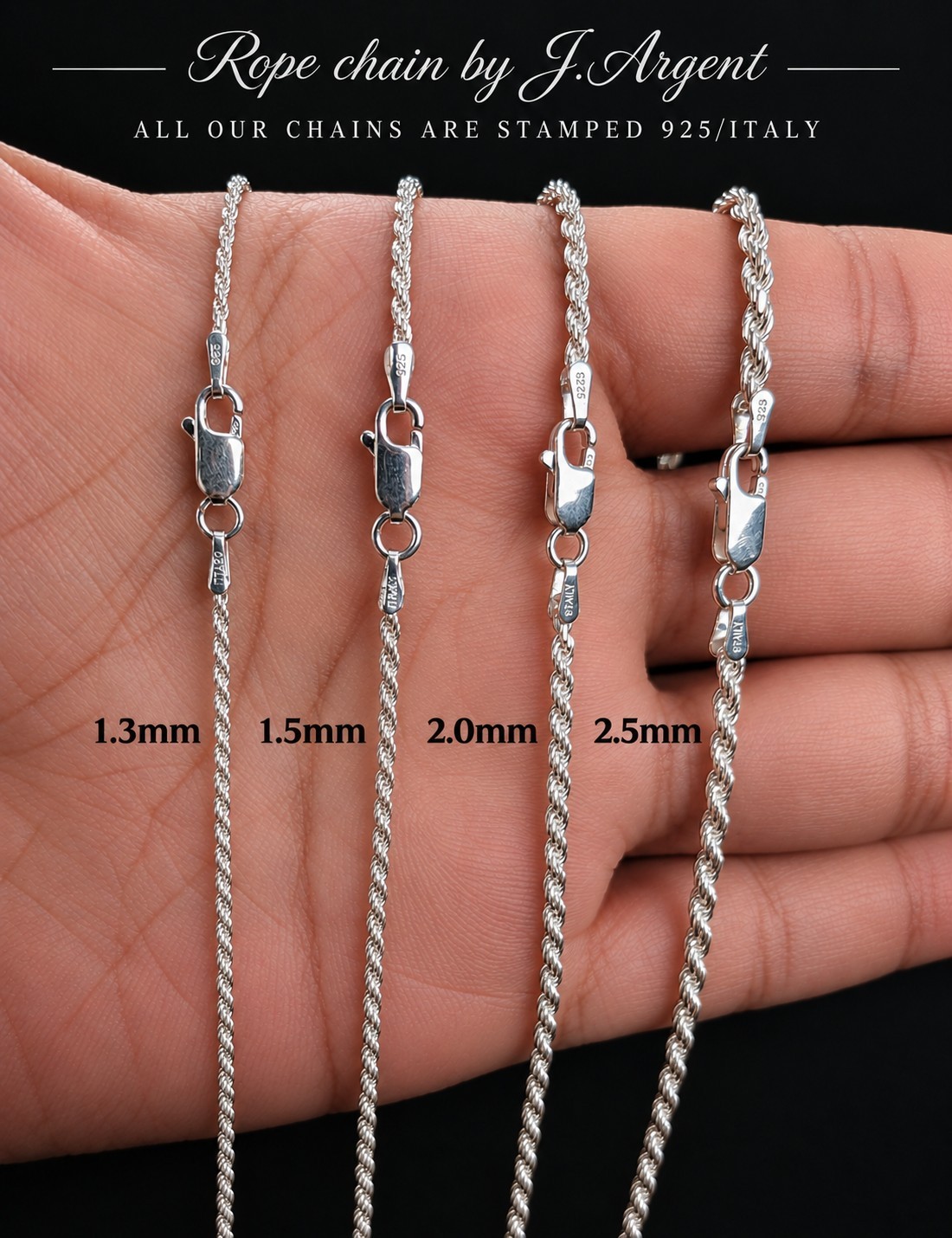Solid 925 Sterling Silver Rope Chain Made In Italy 1.3mm 2mm 2.5mm Diamond Cut