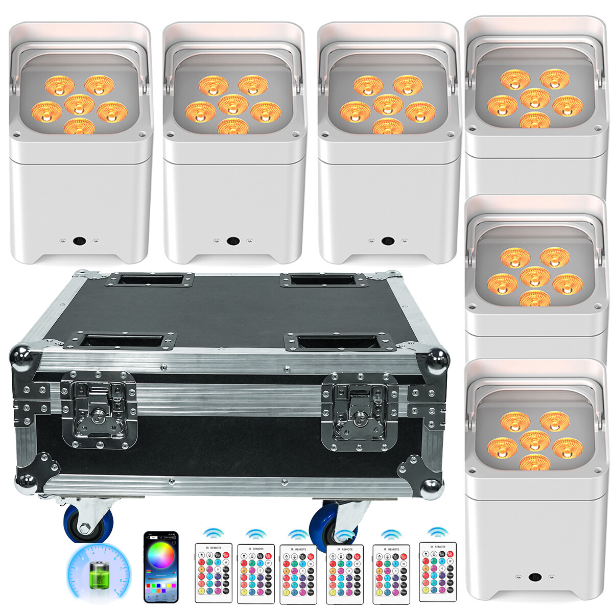 6PCS 6x18W Wireless Par Light Battery Powered RGBWA+UV 6 LED Uplight with Case