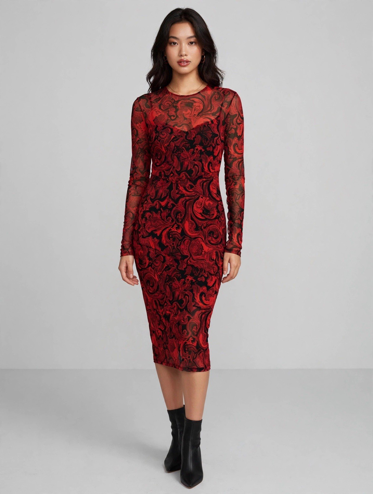 Guess Red And Black Dress Sheer Sleeves M