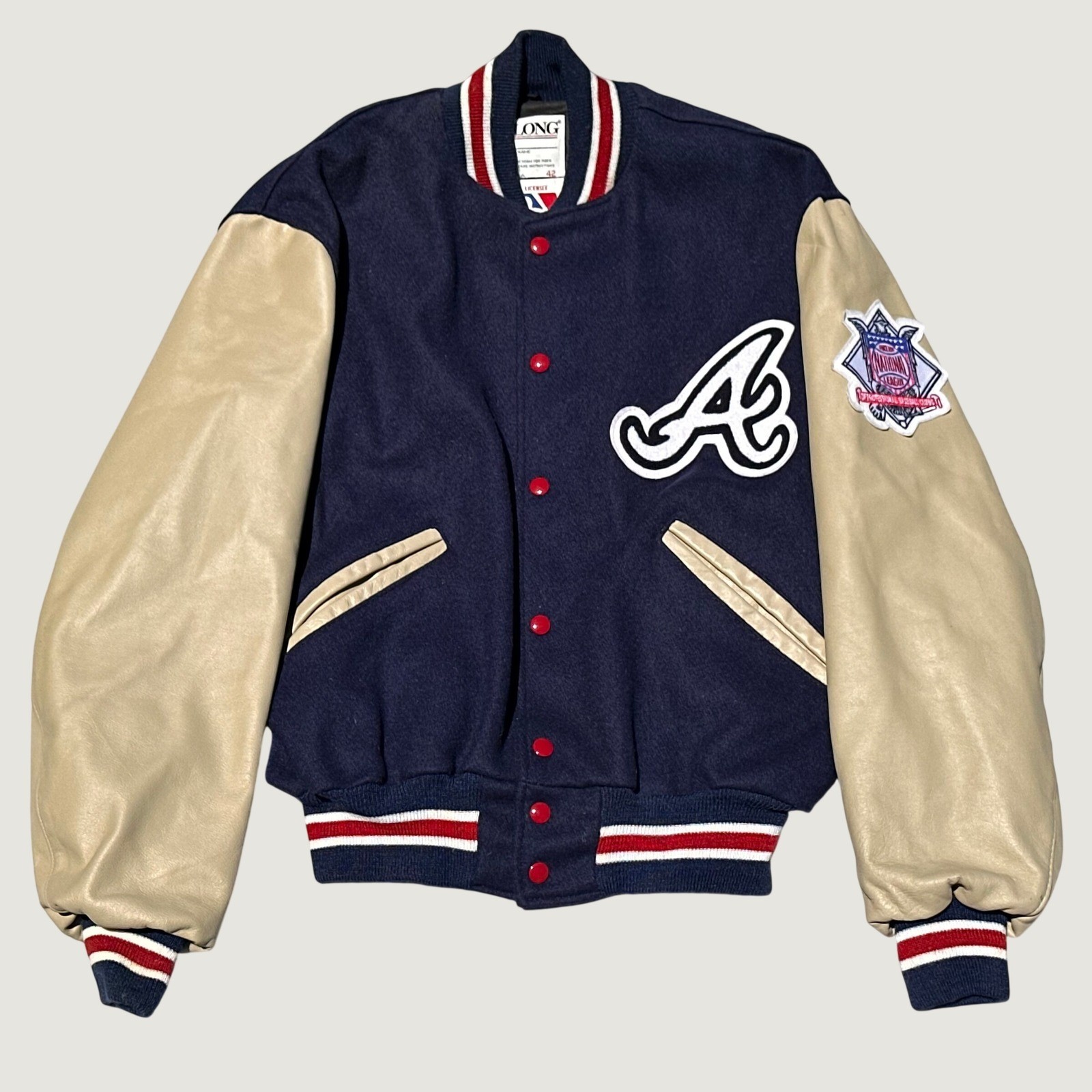 Vintage DeLONG Atlanta Braves Varsity Jacket Navy Blue Leather Wool Mens 42 MLB Vintage DeLONG Atlanta Braves Varsity Jacket Navy Blue Leather Wool Mens 42 MLB