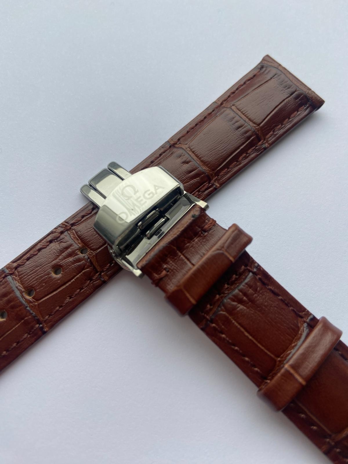 For 20mm Omega Leather Strap Brown with Stainless Steel Deployment Clasp Buckle