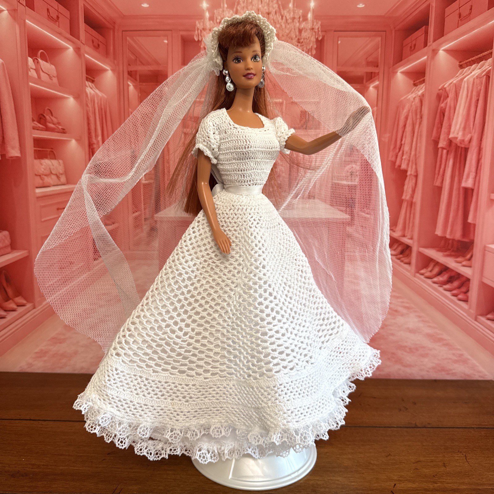 Barbie OOAK Teresa TNT Bride Handmade Crochet Wedding Dress & Veil MALAYSIA 90s