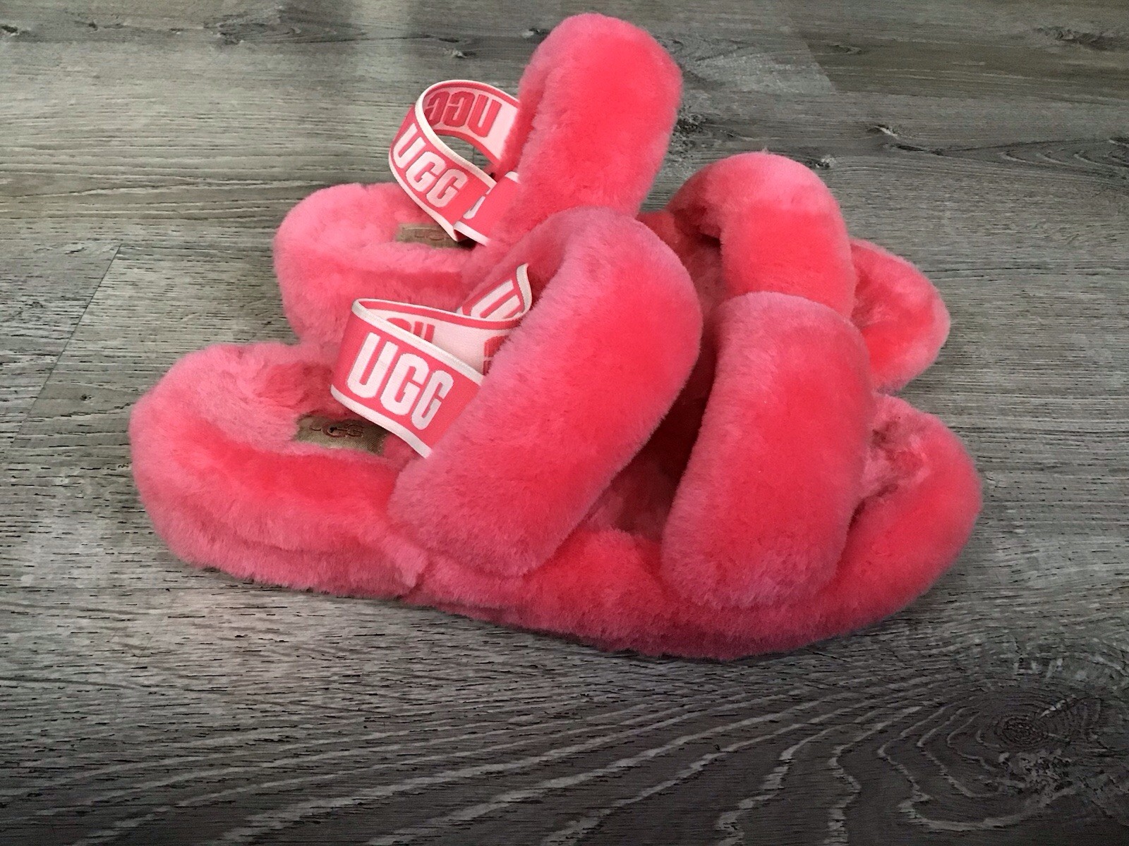UGG Fluff Yeah Pink Shearling Slingback Open Toe Slippers Women’s US 9 Slip On