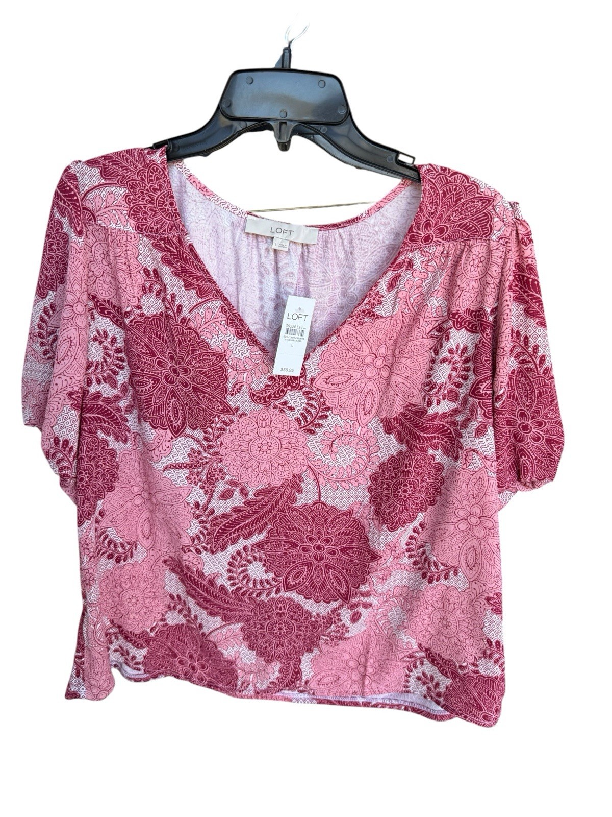 NEW Loft Floral Bubble Sleeve Mixed Media Blouse Women\'s Sz Large V-Neck NEW Loft Floral Bubble Sleeve Mixed Media Blouse Women\'s Sz Large V-Neck