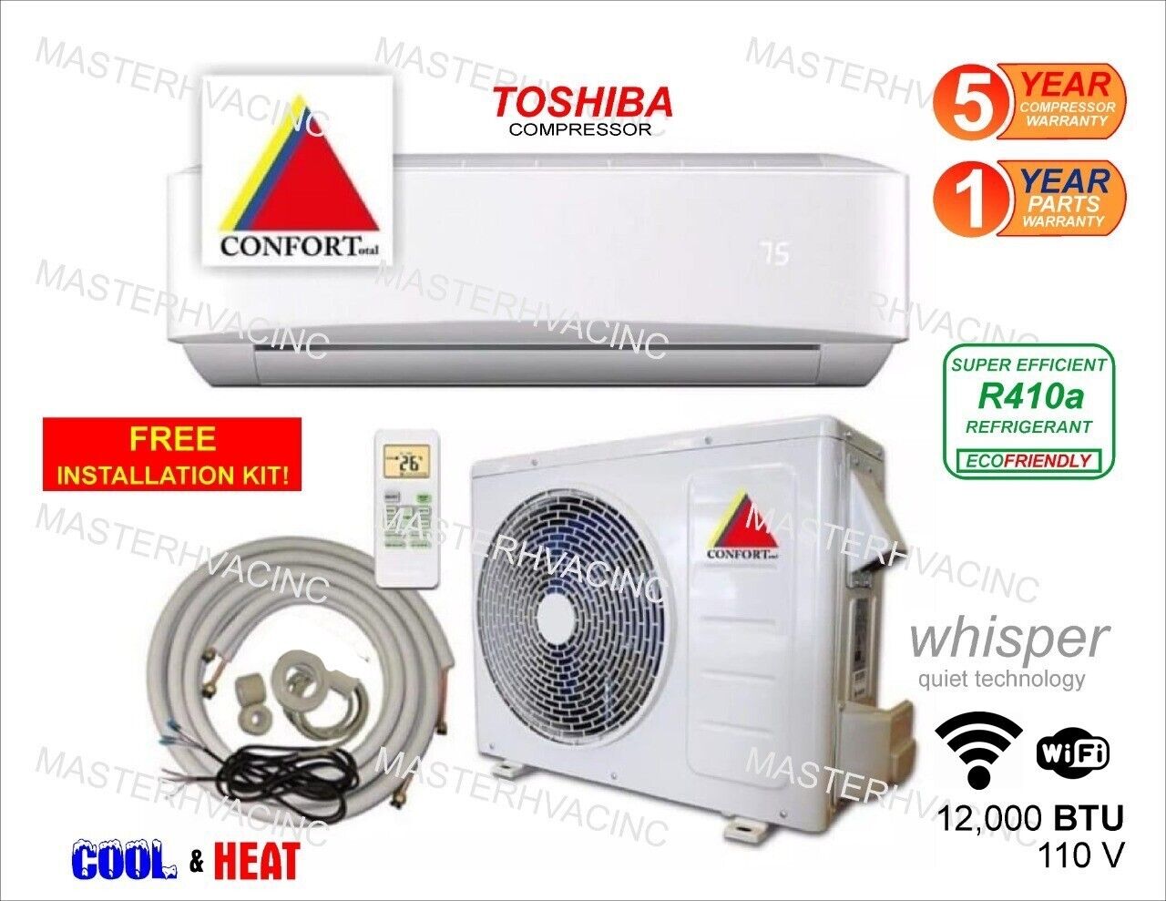 12,000 BTU Ductless Air Conditioner, Heat Pump Mini Split 110V 1 Ton W/kit, WiFi