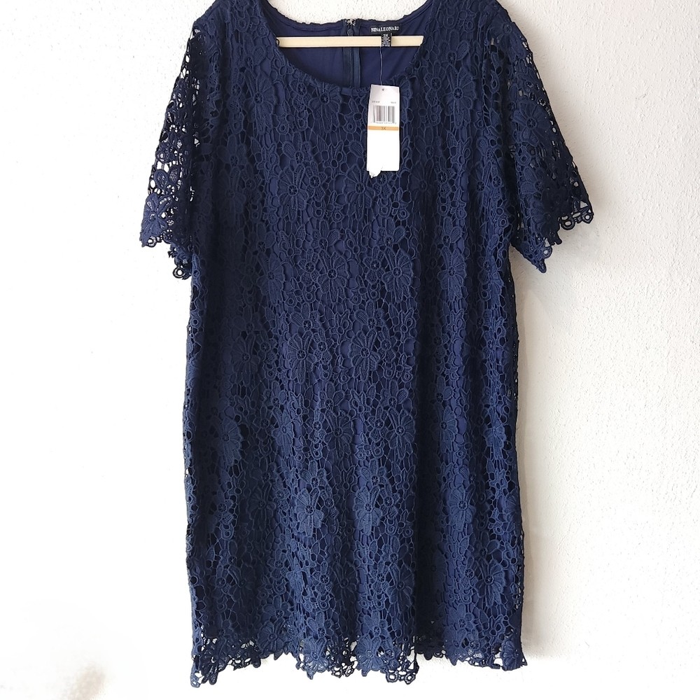 Nina Leonard Navy Blue Lace Dress, Plus size 3X