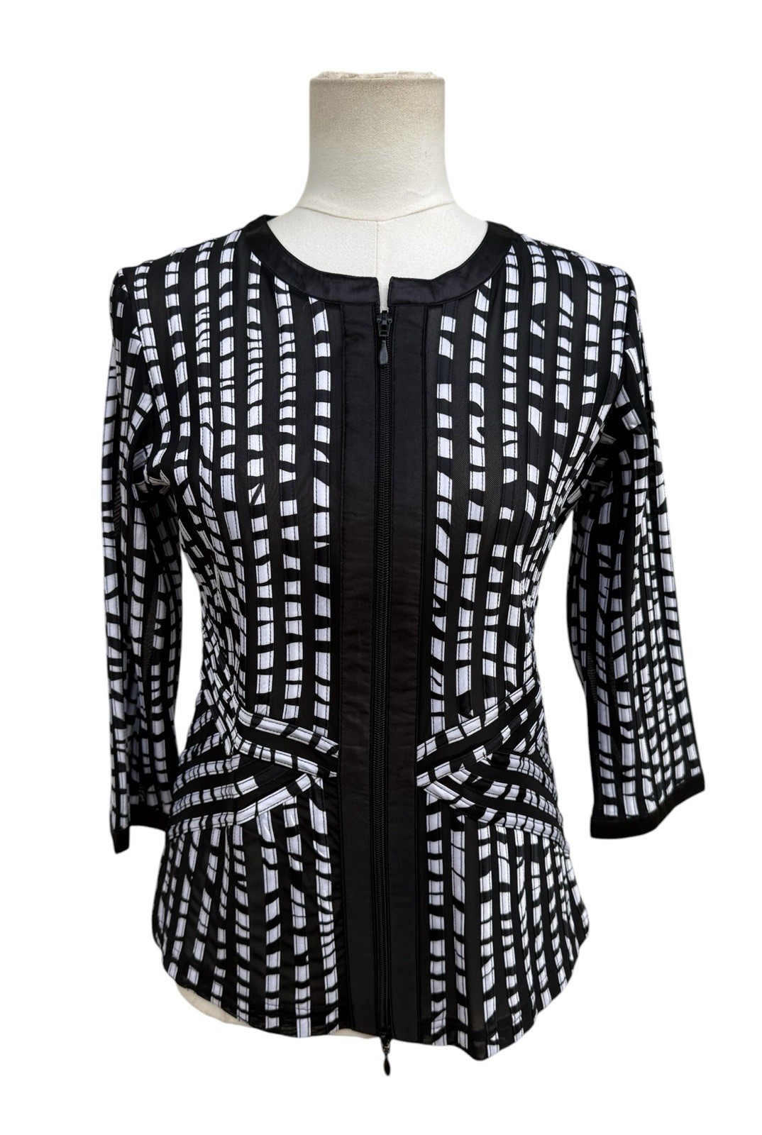Joseph Ribkoff M Black White Geometric Sheer Mesh Zip Jacket Top
