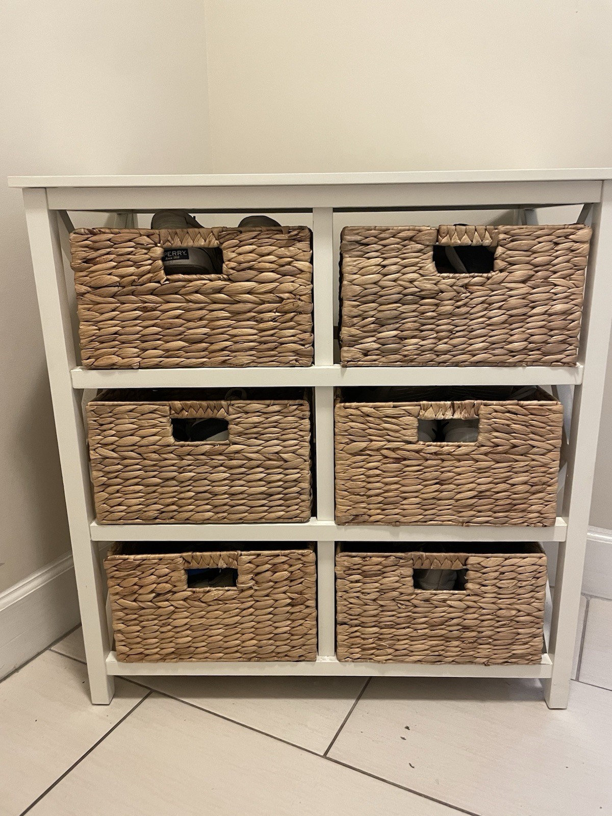 Modern White Wood Chest of Drawers 6 Woven Wicker Baskets Removable 29x15 Modern White Wood Chest of Drawers 6 Woven Wicker Baskets Removable 29x15