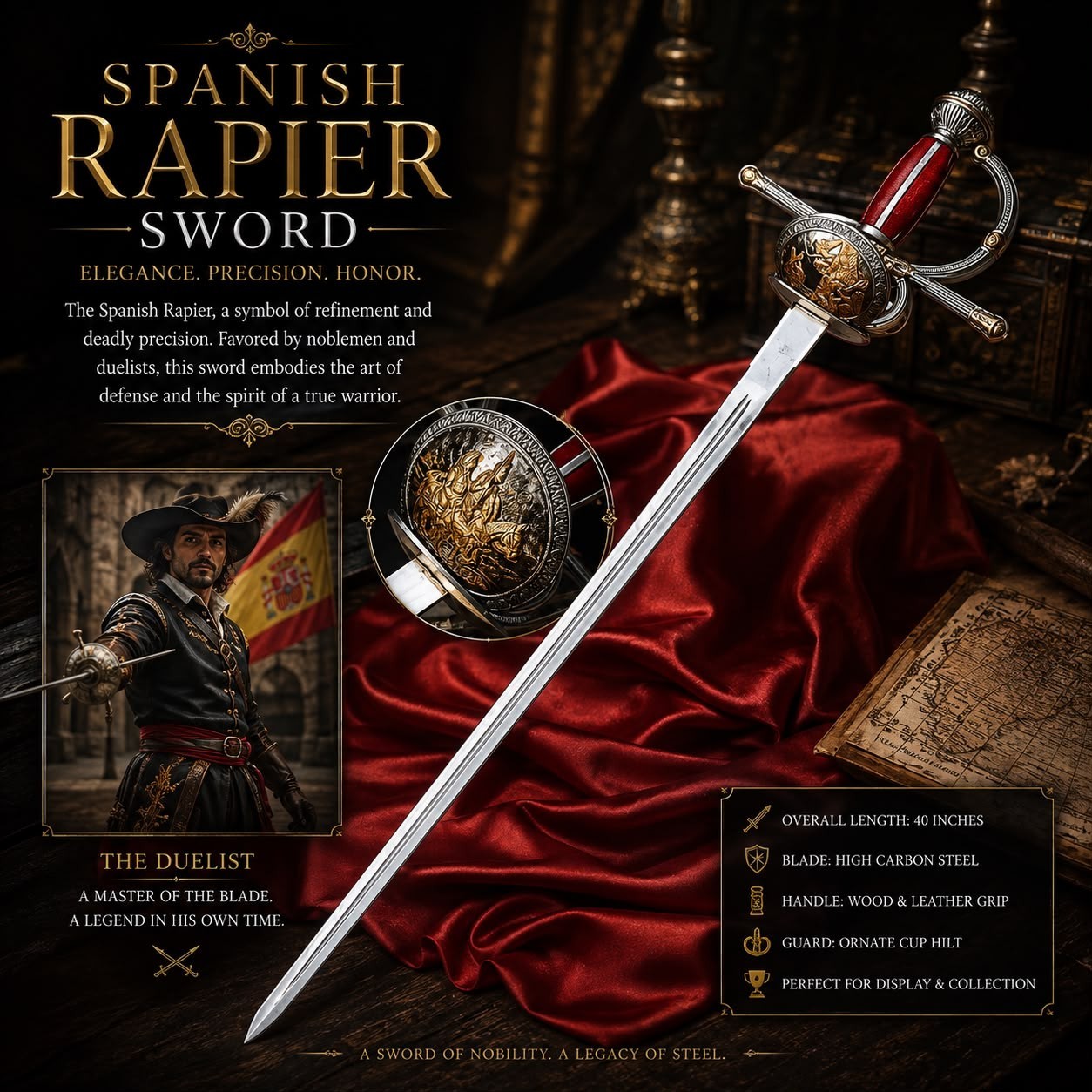 Handmade Quixote Rapier Sword | Renaissance Spanish Musketeer | Halloween GIFT 