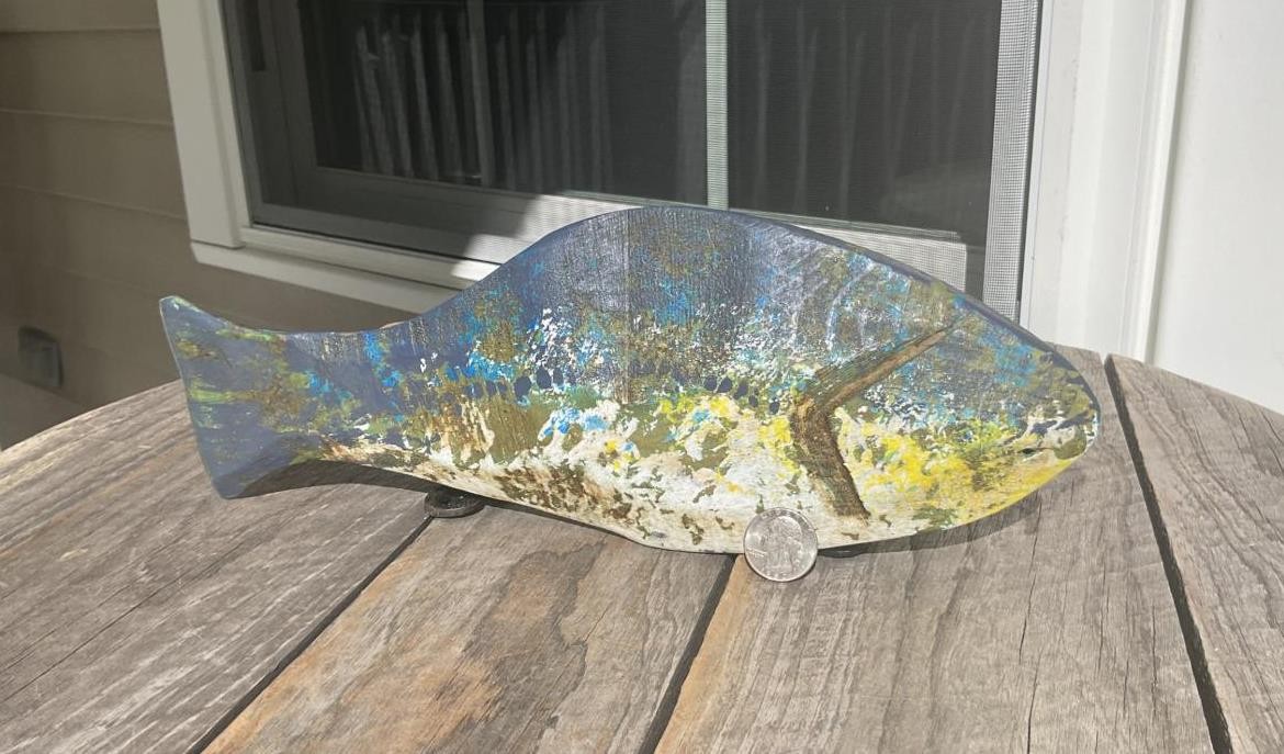 Folk Art Wood Hand Carved/Painted Blue Green Fish Lake Camp Cabin Folky Decor