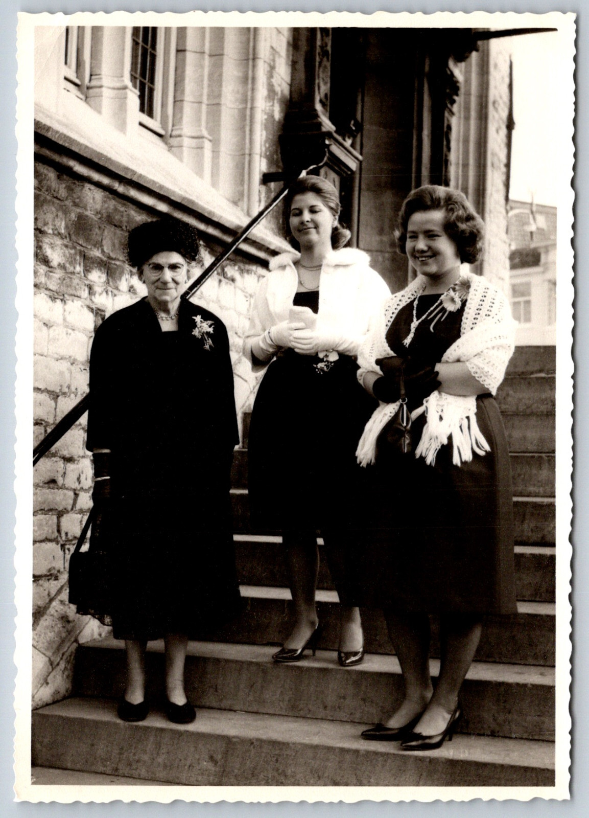 VTG Gevaert Real Photo Postcard RPPC Wedding Guest Women Church Steps c1950