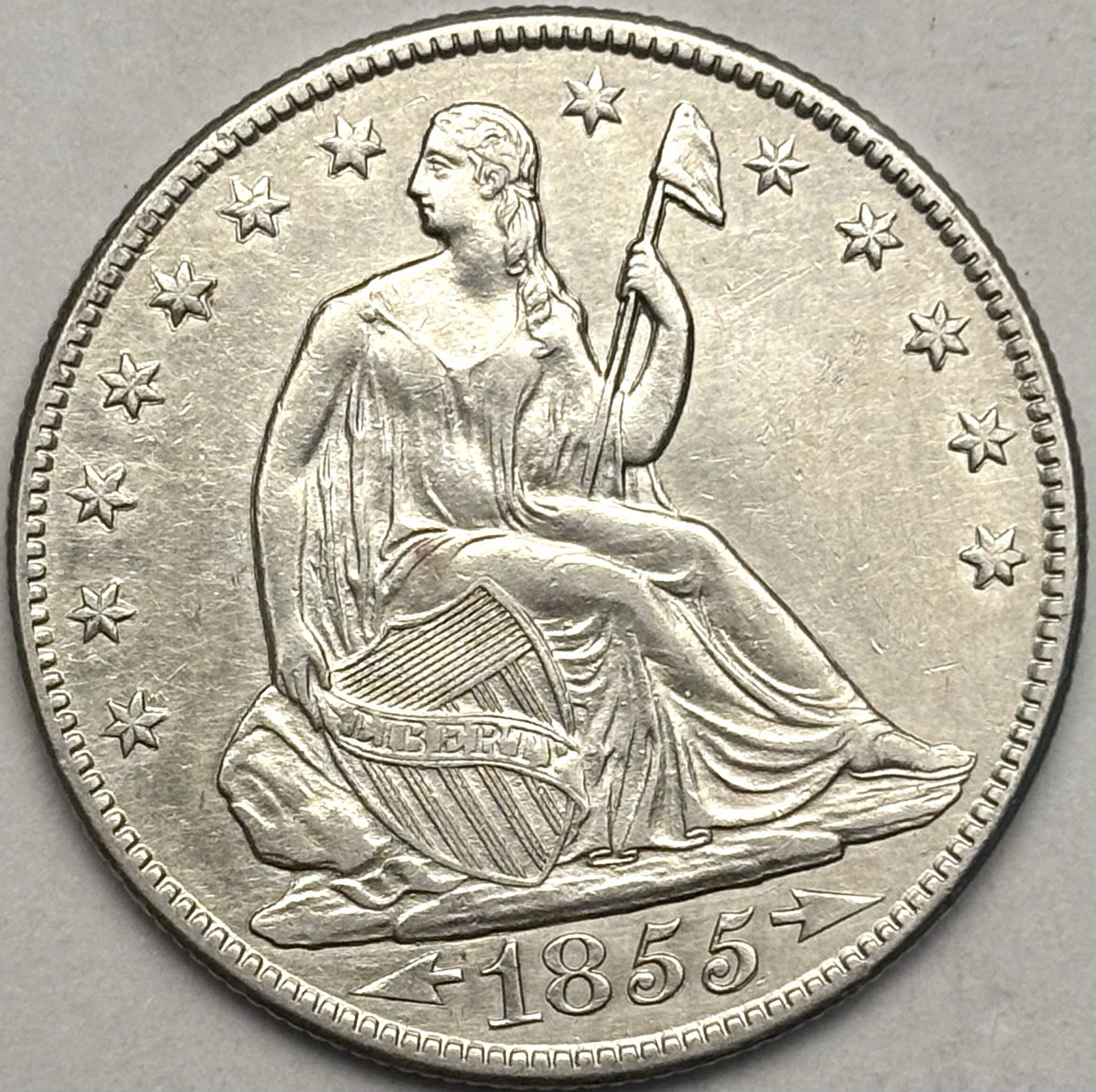 1855-O SEATED LIBERTY HALF DOLLAR, Arrows, AU+, New Orleans Mint 1855-O SEATED LIBERTY HALF DOLLAR, Arrows, AU+, New Orleans Mint