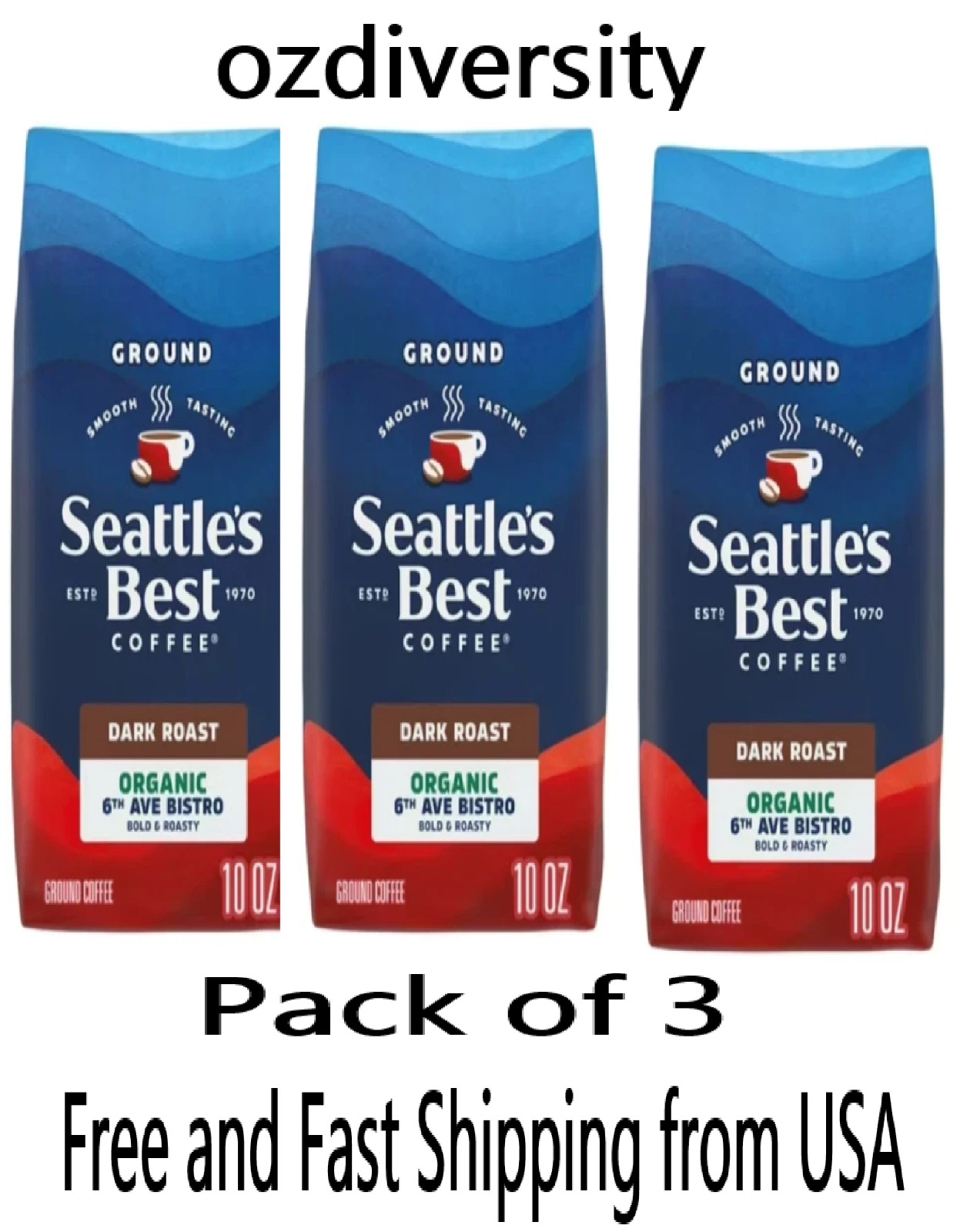 Seattle’s Best Organic Bistro Dark Roast Ground Coffee 10 oz each-- Pack of 3