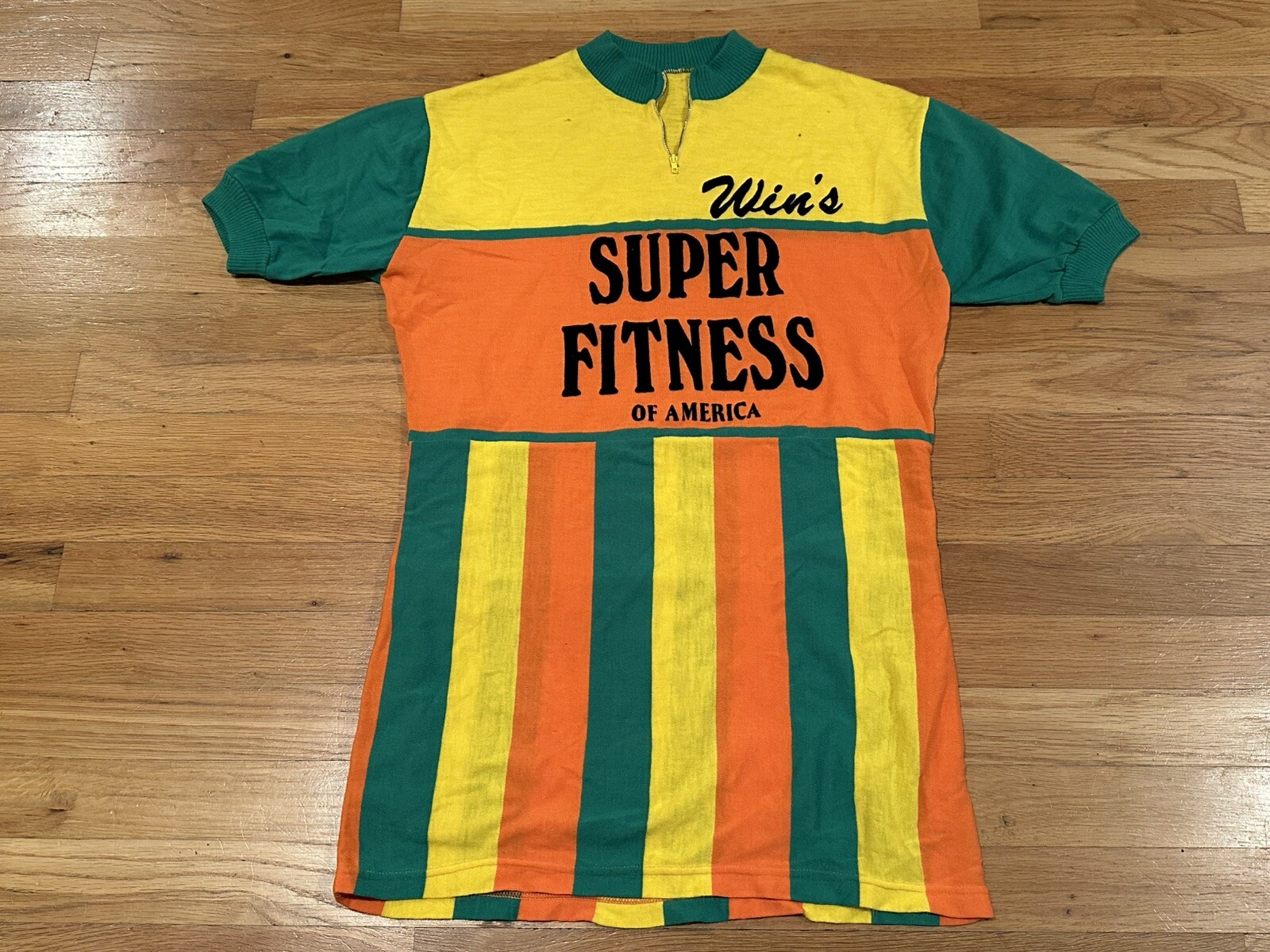 vintage Win's SUPER FITNESS of AMERICA cycling jersey green yellow orange stripe vintage Win's SUPER FITNESS of AMERICA cycling jersey green yellow orange stripe