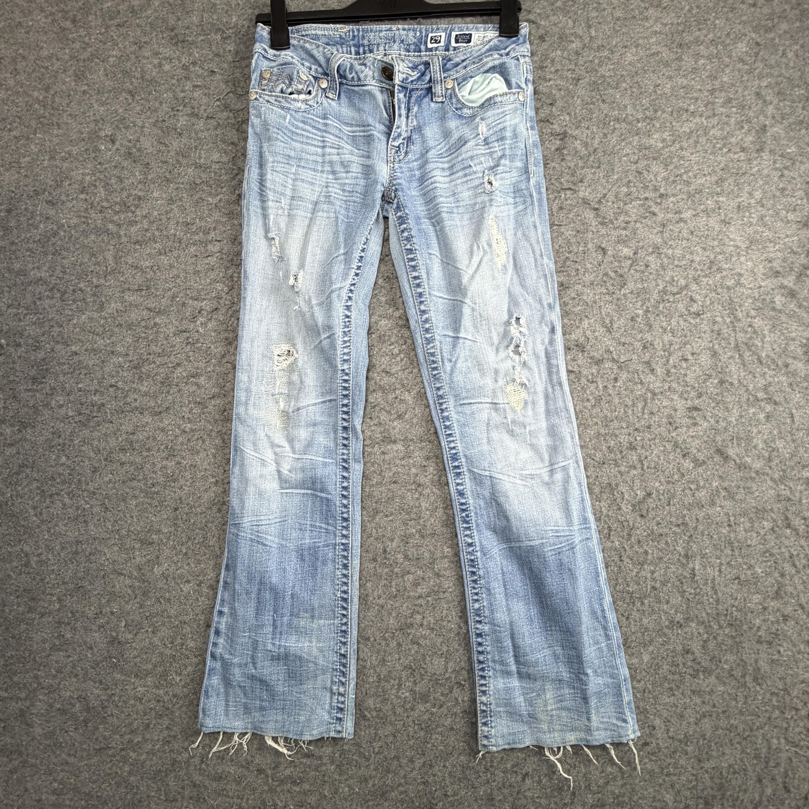 Miss Me Jeans Womens 29x32 Light Wash Low Rise Sunny Boot Distressed Denim