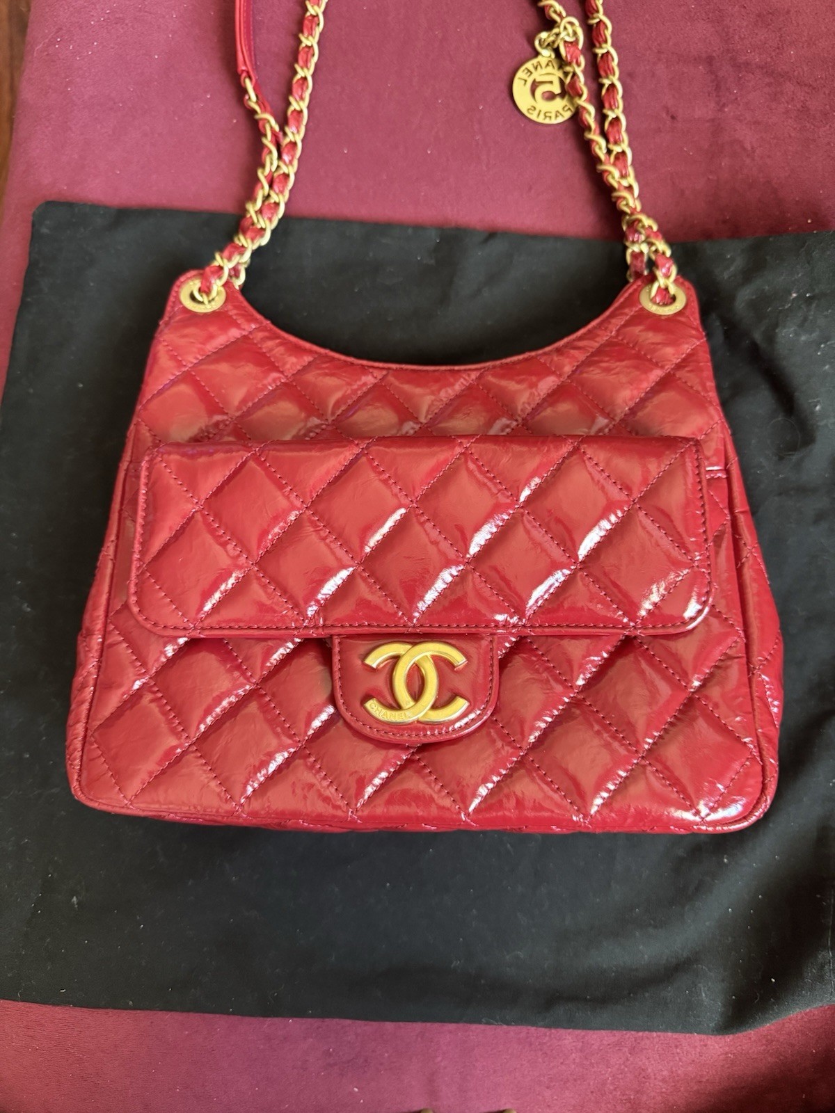 Chanel Shiny Wavy CC Hobo Quilted Crumpled Calfskin Medium Red Limited Edition