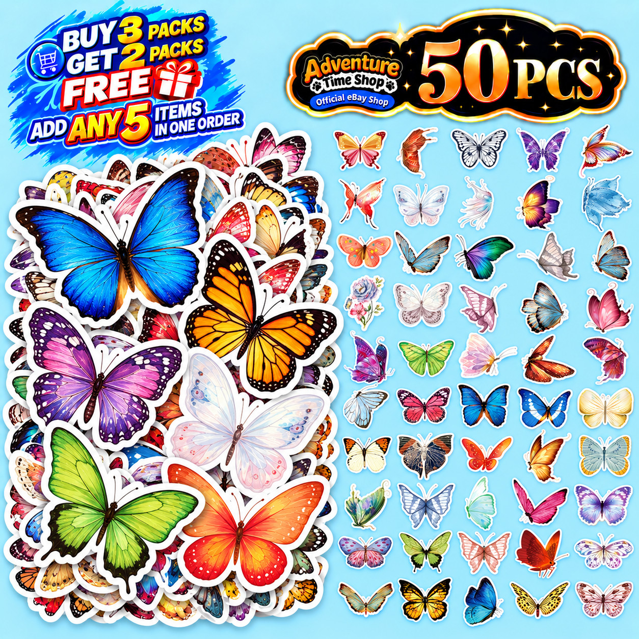 50pcs Colorful Butterfly Stickers Aesthetic Nature Waterproof Vinyl Decal Laptop